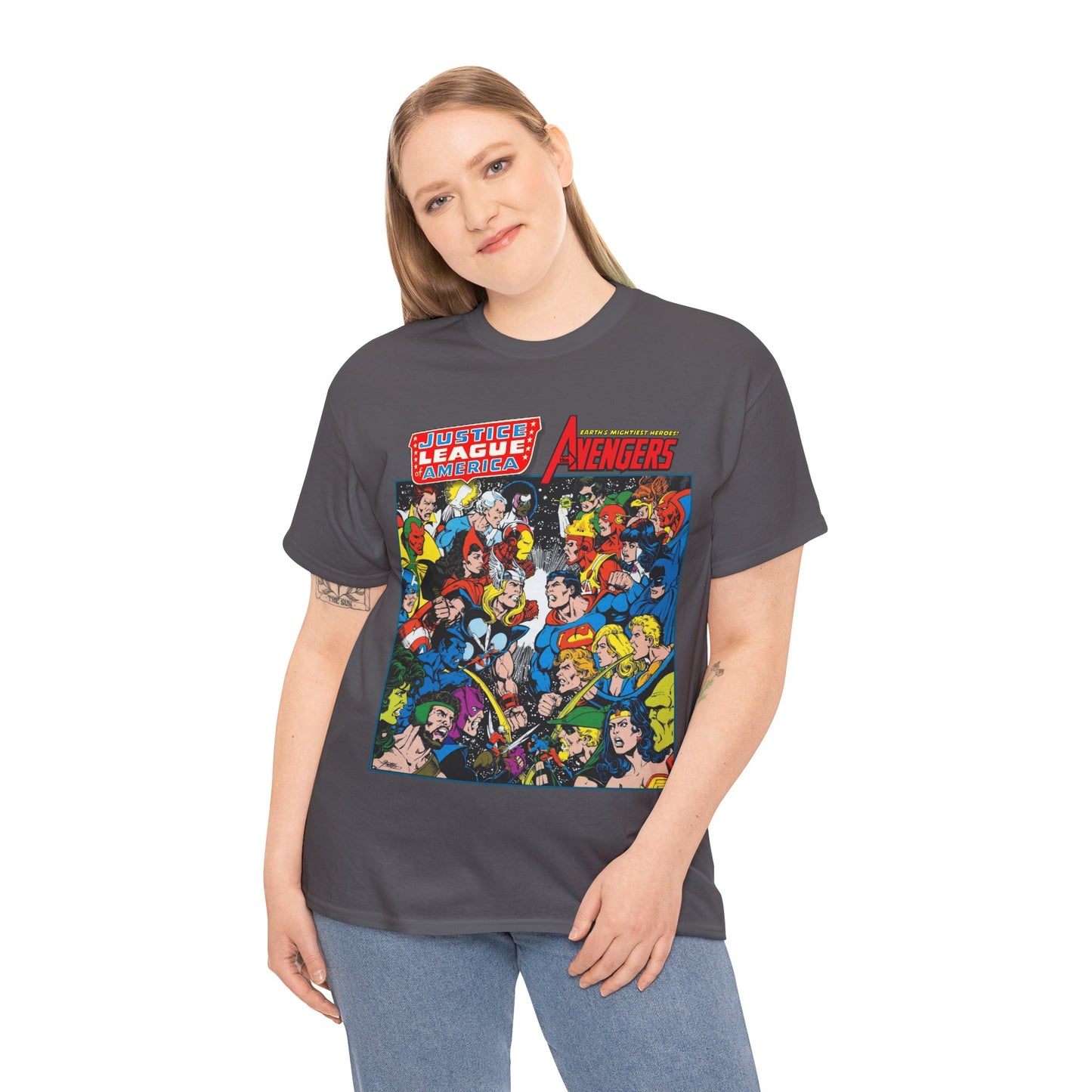 Justice League/Avengers T-Shirt - DC & Marvel Comics Art - George Perez - JLA - Batman, Captain America, Iron Man, Green Lantern