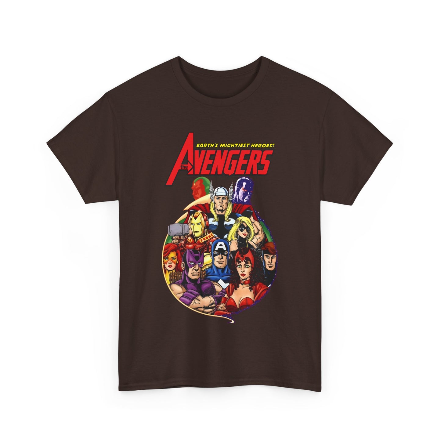 Avengers T-Shirt - George Perez Art - Captain America, Vision, Wonder Man, Iron Man, Thor, Hawkeye, Scarlet Witch - Popular Marvel Comics Characters
