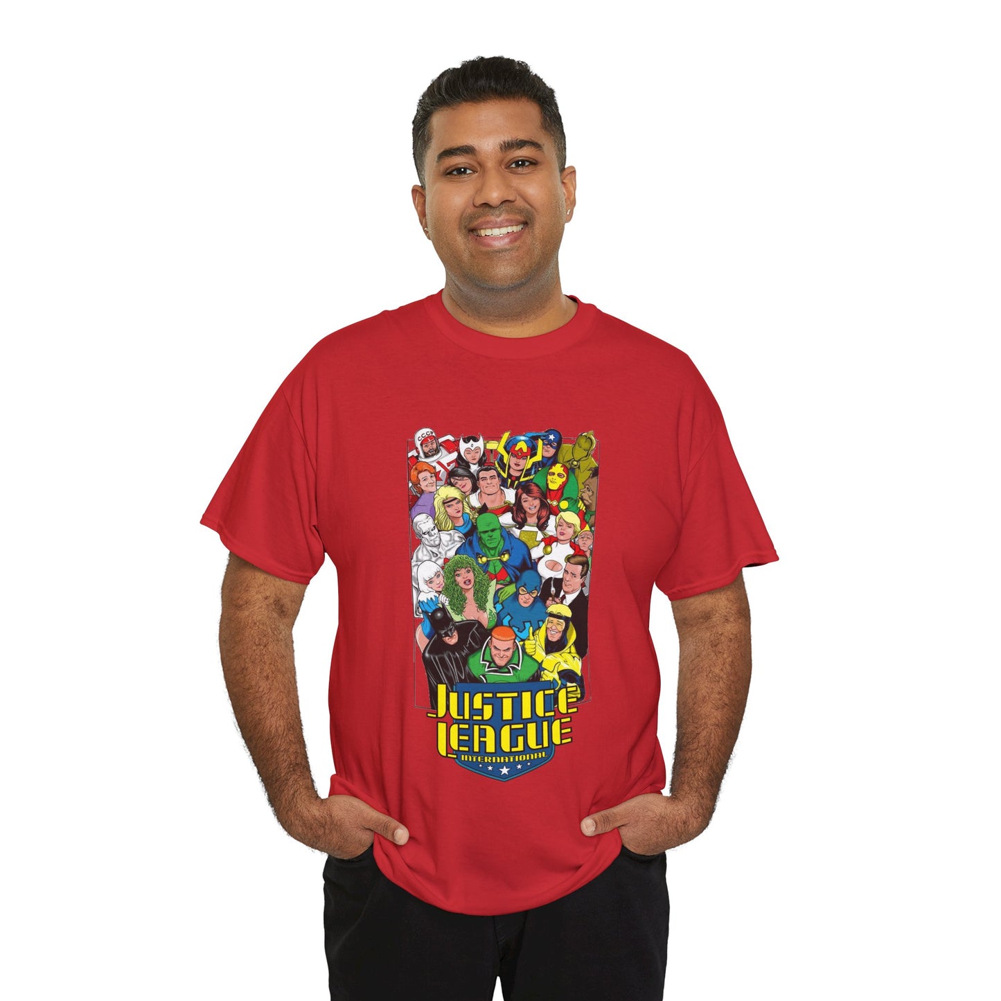Justice League International T-Shirt - DC Comics - JLI - Kevin Maguire Art - Blue Beetle, Booster Gold, Martian Manhunter, Captain Atom