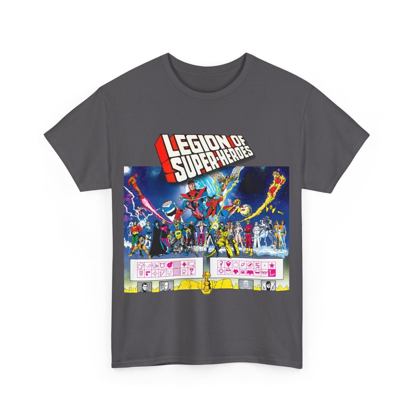 Legion of Super-Heroes T-Shirt - Gorgeous George Perez Art - History of the DC Universe - Lightning Lad, Timber Wolf, Wildfire, Sun Boy, Chamelon Boy - DC Comics