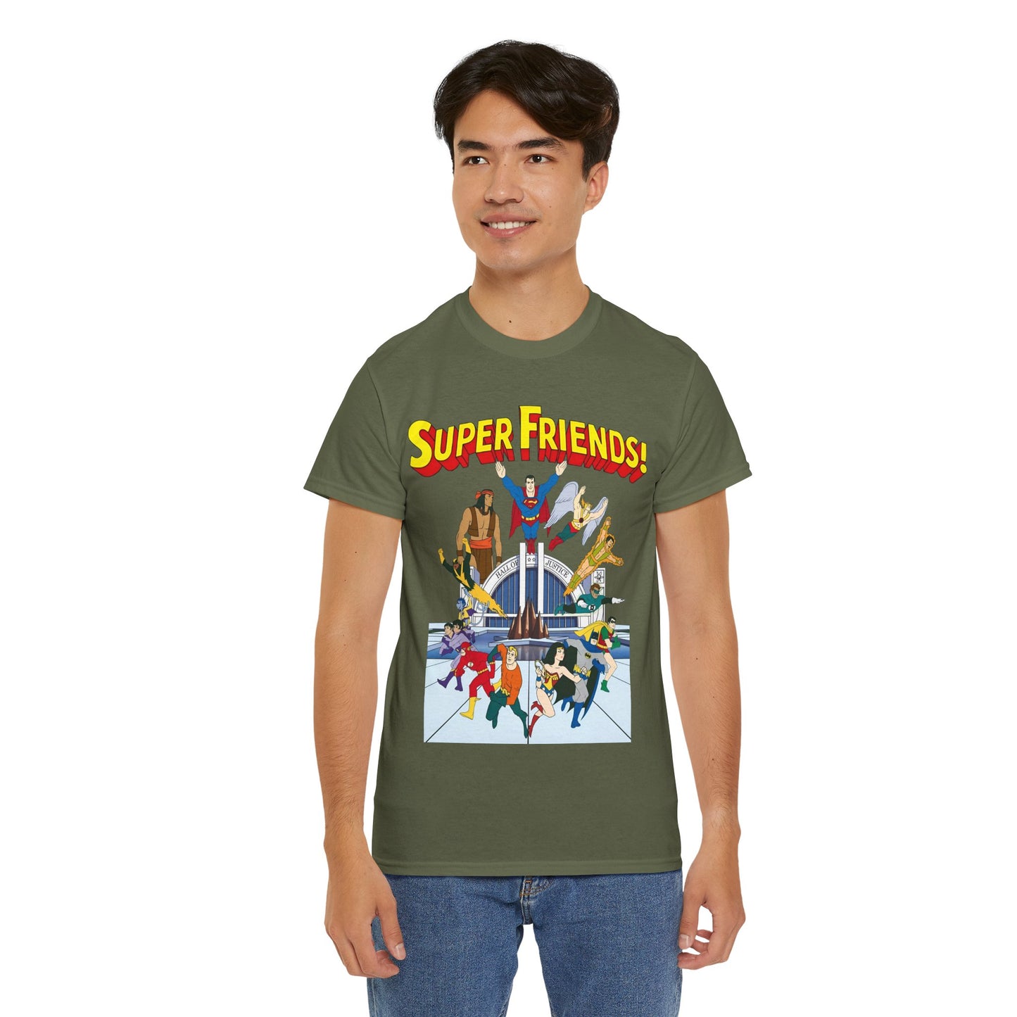 Super Friends T-Shirt - DC Hanna-Barbera - Superman, Wonder Woman, Black Vulcan, Batman, The Wonder Twins, Apache Chief, Hall of Justice