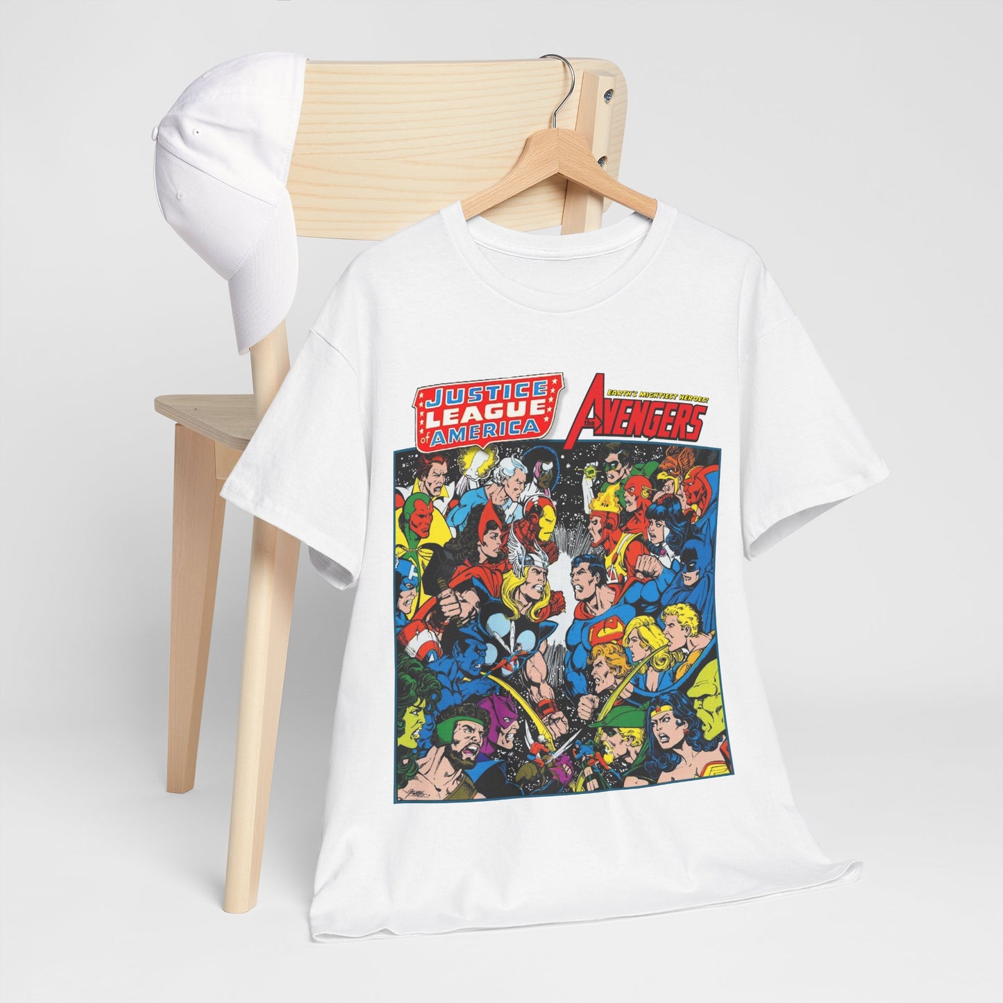 Justice League/Avengers T-Shirt - DC & Marvel Comics Art - George Perez - JLA - Batman, Captain America, Iron Man, Green Lantern