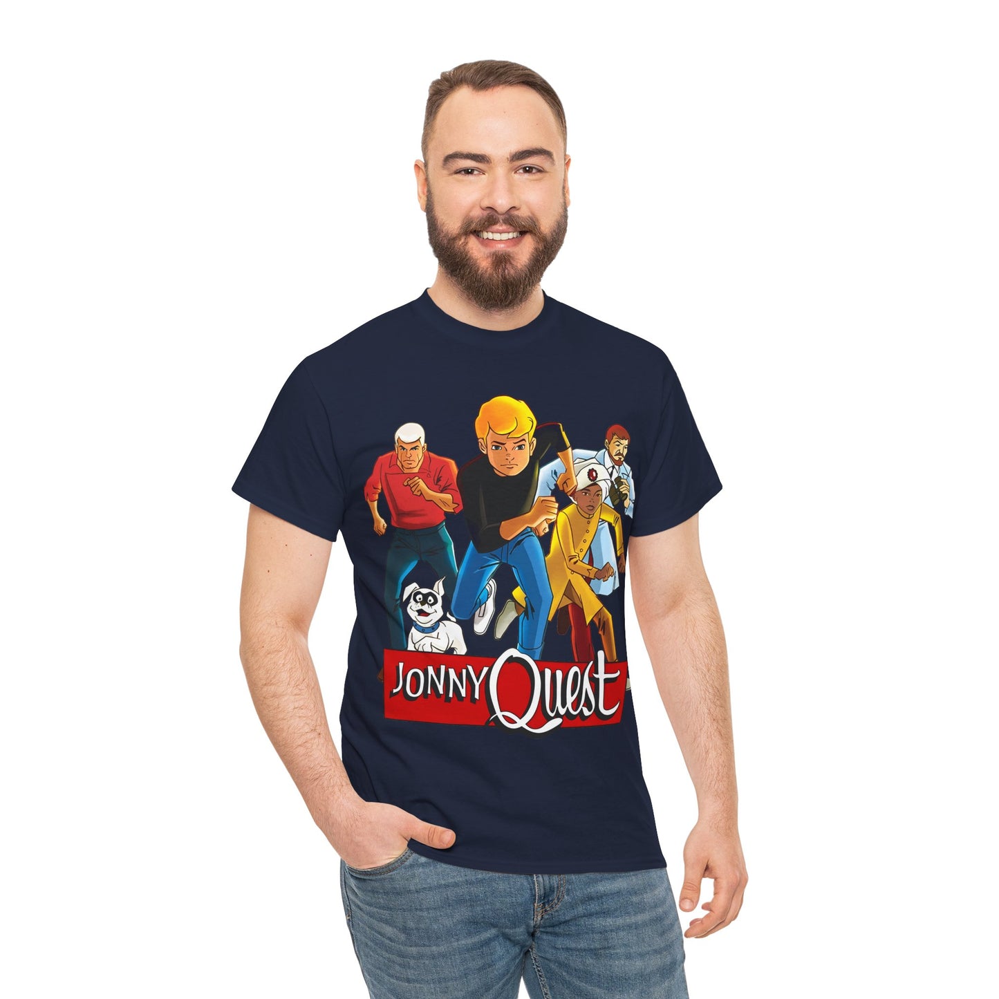 Jonny Quest T-Shirt - Popular Hanna-Barbera Cartoon Characters from the 1960s Adventure TV Show - Dr Benton, Hadji, Race Bannon, Bandit the Dog
