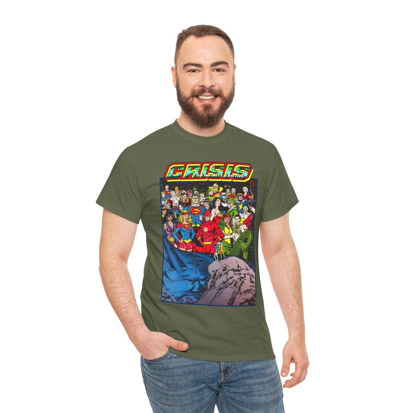 Crisis on Infinite Earths T-Shirt - George Perez Art - Supergirl, Flash, Huntress, Starman, Earth 3 Luthor, Lori Lemaris, Aquagirl, Earth 2 Robin - DC Comics