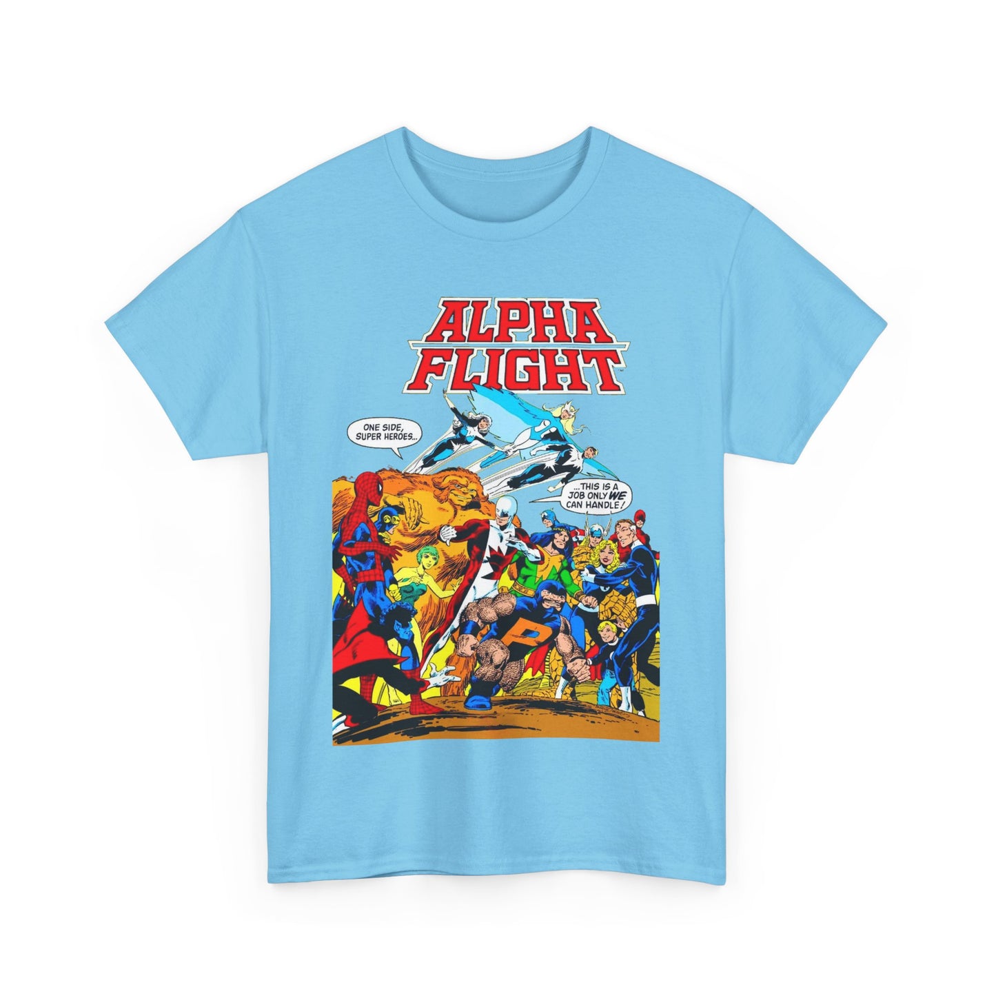 Alpha Flight T-Shirt - John Byrne Art - Sasquatch, Aurora, Northstar, Guardian, Puck, Shaman, Snowbird - Canada's Super Team - Marvel Comics