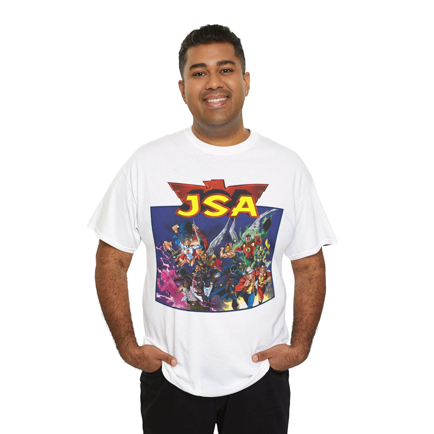JSA T-Shirt - Carlos Pacheco Art - Green Lantern, Power Girl, Hawkgirl, Black Adam, Flash, Dr Fate, Hawkman - DC Comics - Justice Society of America
