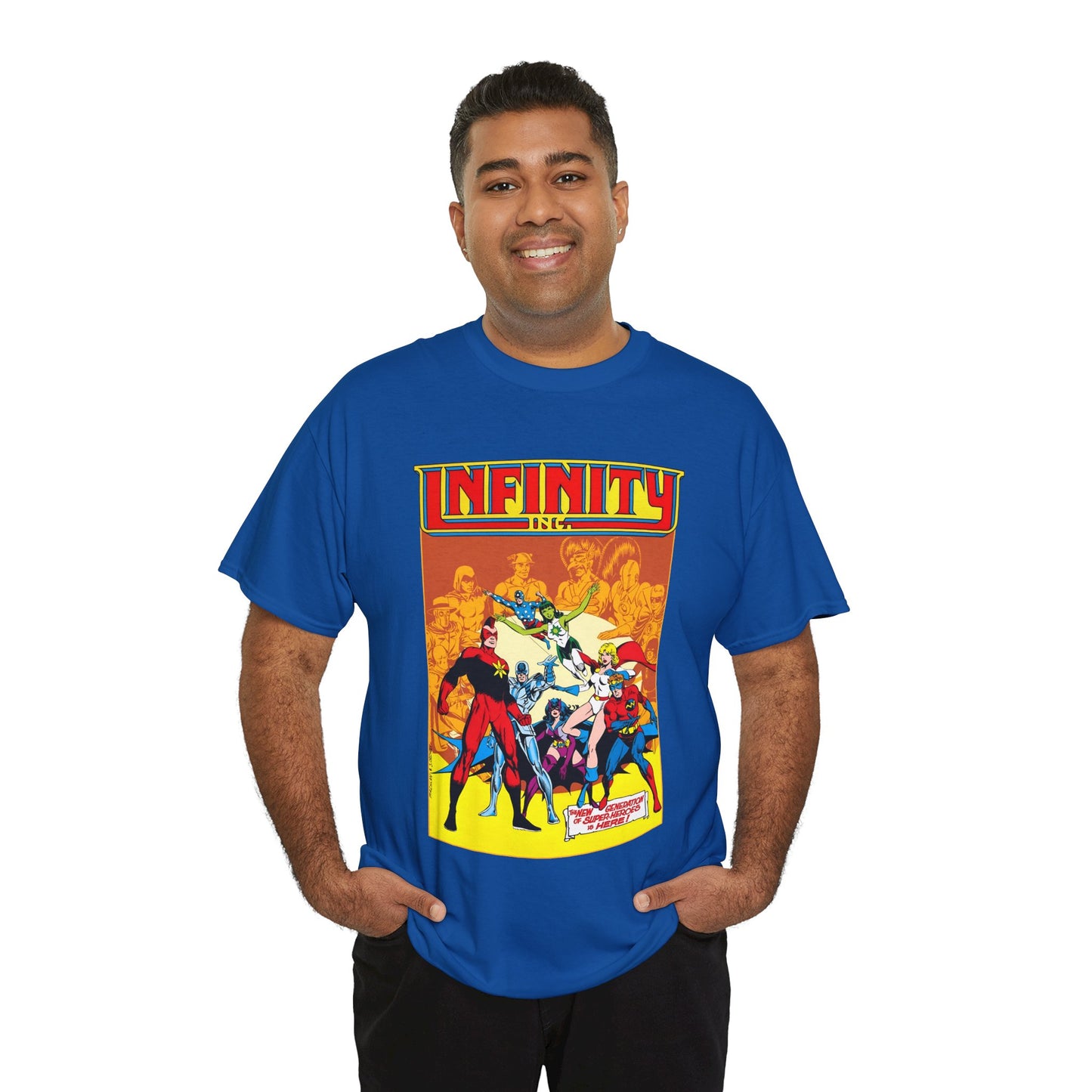 Infinity, Inc T-Shirt - Jerry Ordway Art - Silver Scarab, Huntress, Power Girl, Star-Spangled Kid, Fury, Jade - DC Comics - 1980s JSA Spin-Off Series