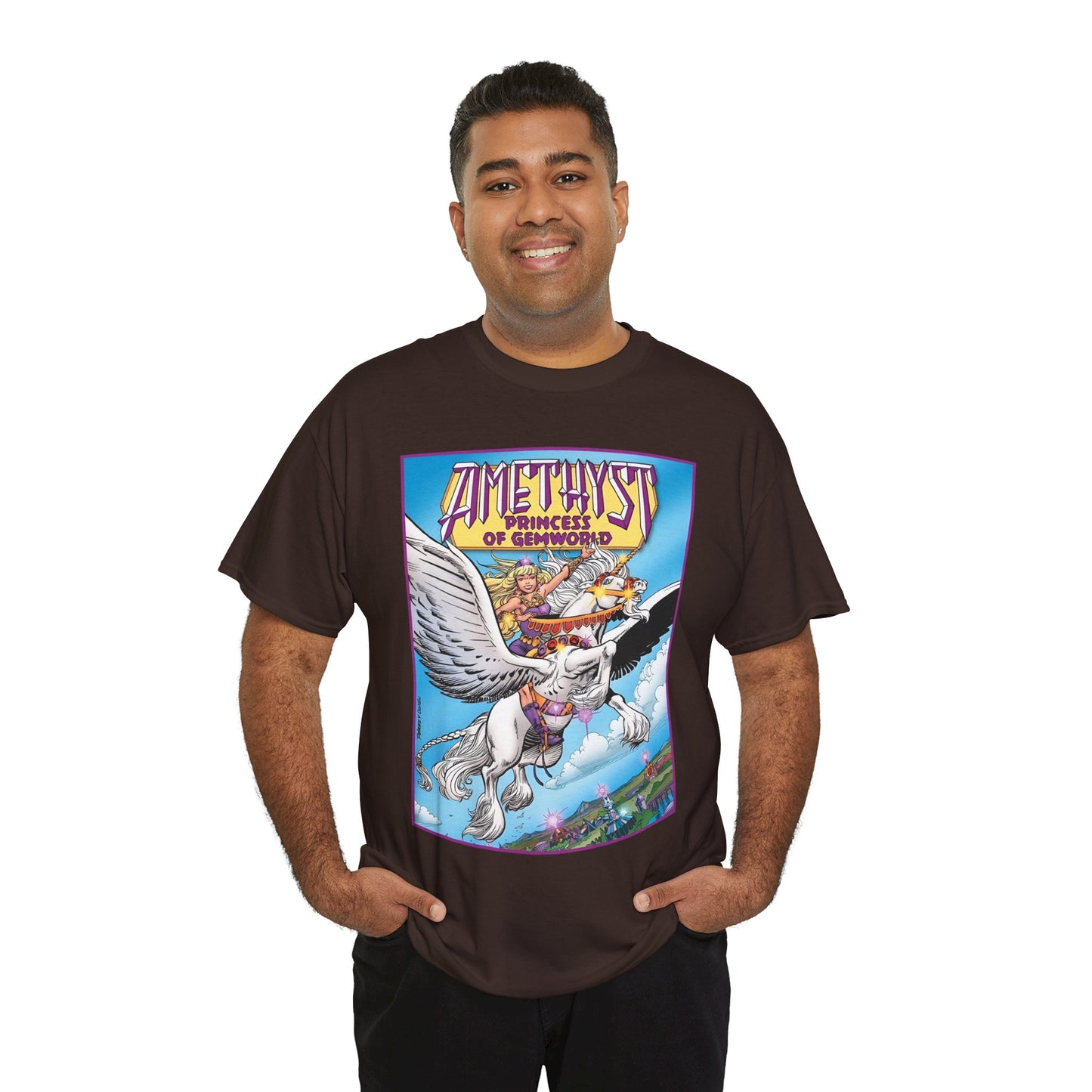 Amethyst Princess of Gemworld T-Shirt - George Perez Art - DC Comics 1980s Series - Riding a Unicorn