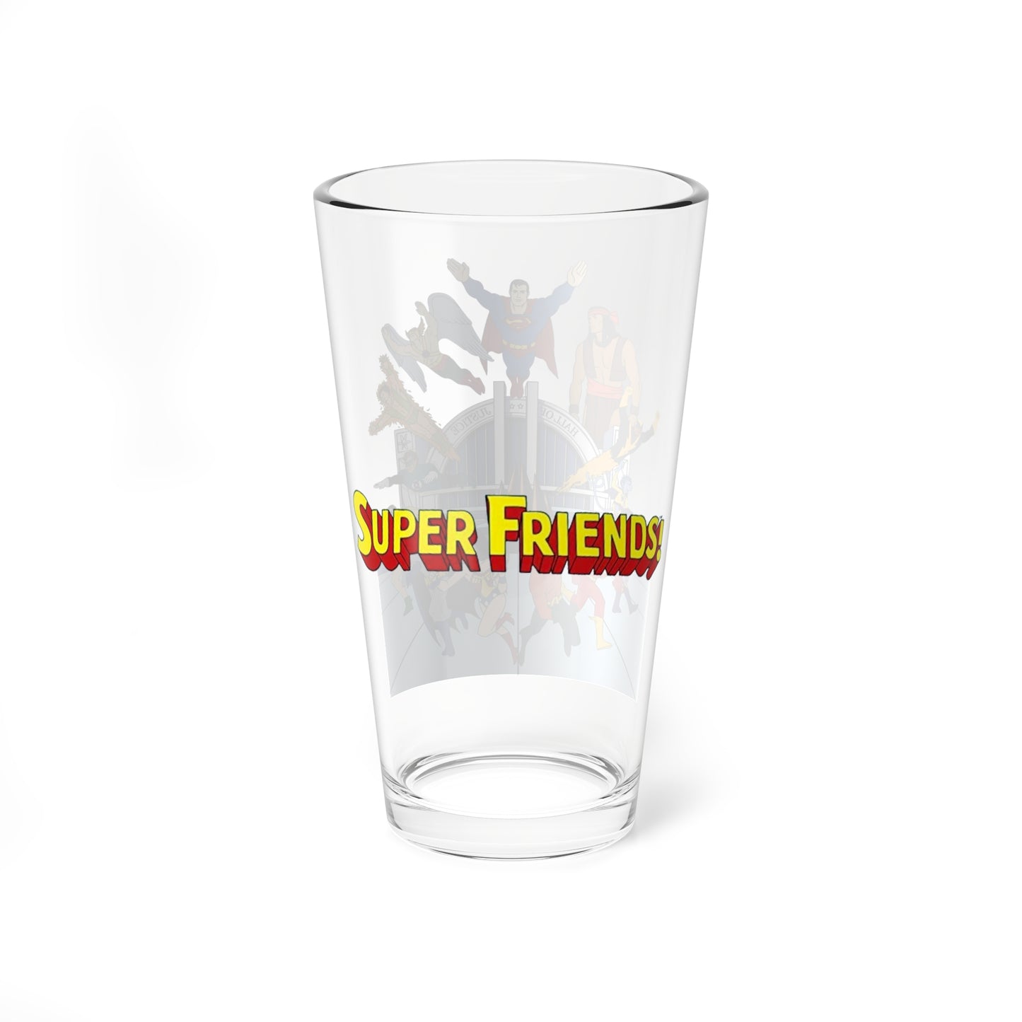 Challenge of the Super Friends Pint Glass, 16oz - Superman, Wonder Woman, Samurai, Apache Chief, Flash, Black Vulcan, Green Lantern - DC Comics, Hanna-Barbera Cartoon