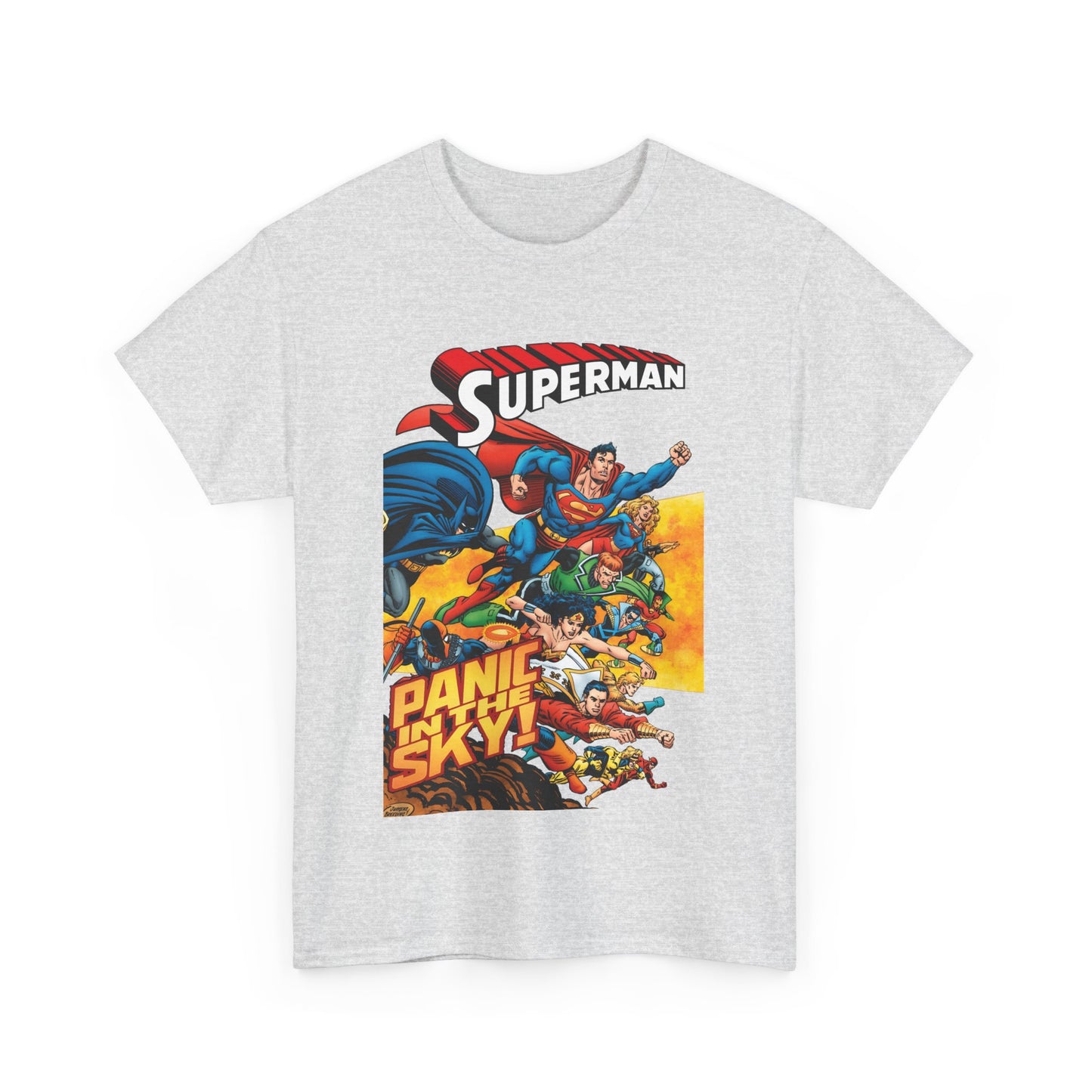 Superman - Panic in the Sky T-Shirt - Dan Jurgens Art - Vs Brainiac & Maxima - Wonder Woman, Booster Gold, Shazam, Batman, Flash, Aquaman, Supergirl - DC Comics