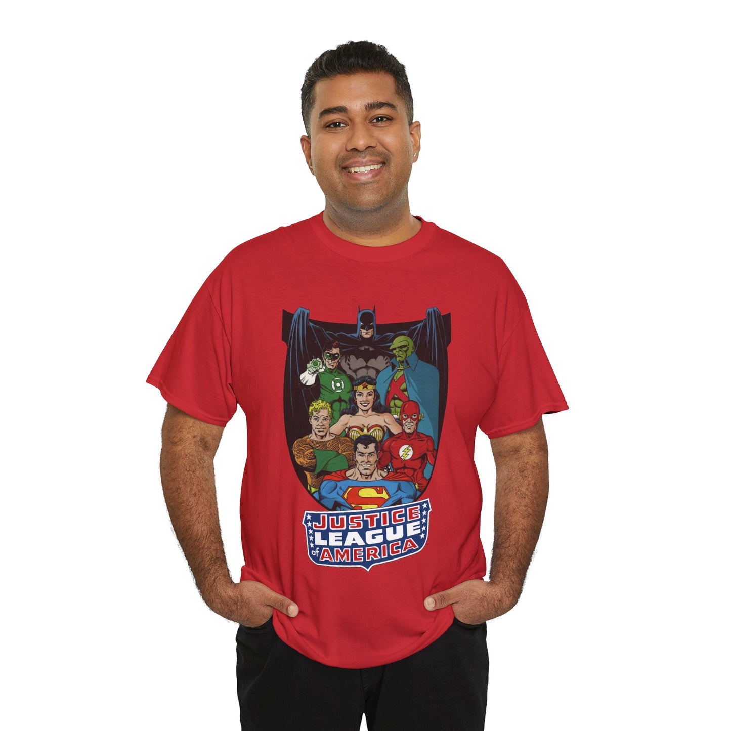 Justice League of America T-Shirt - George Perez Art - Superman, Wonder Woman, Batman, Aquaman, Martian Manhunter, Flash, Green Lantern - DC Comics