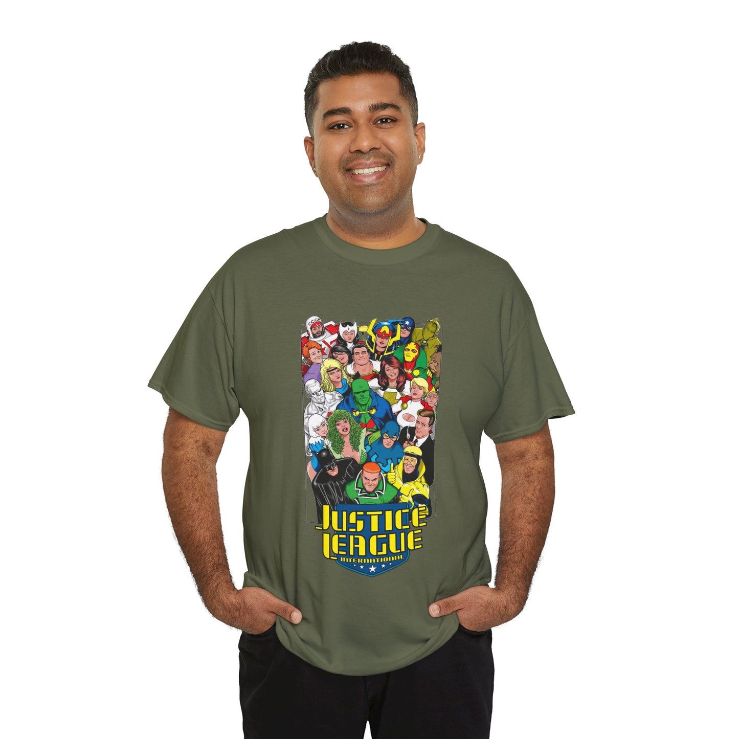 Justice League International T-Shirt - DC Comics - JLI - Kevin Maguire Art - Blue Beetle, Booster Gold, Martian Manhunter, Captain Atom