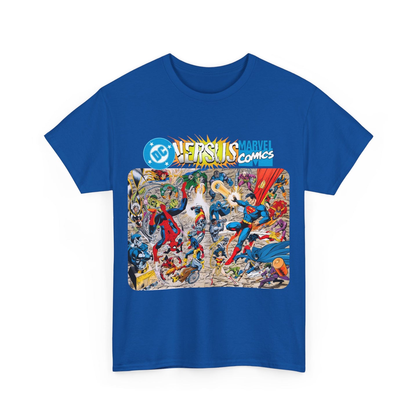 DC Comics Vs Marvel T-Shirt - John Byrne Art - Spider-Man, Raven, Cyborg, Wolverine, Joker, Superman, Batman, Deathstroke, Darkseid
