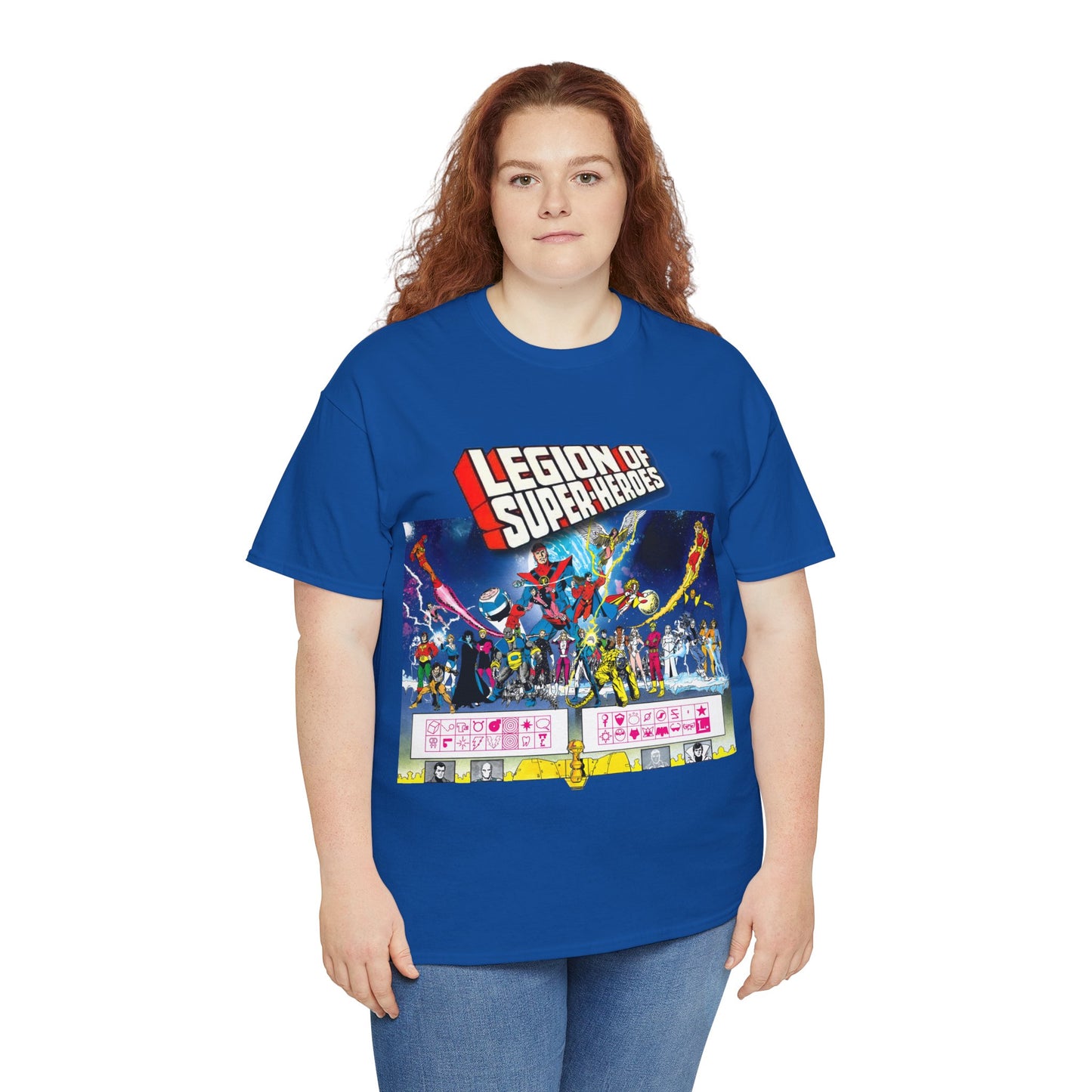 Legion of Super-Heroes T-Shirt - Gorgeous George Perez Art - History of the DC Universe - Lightning Lad, Timber Wolf, Wildfire, Sun Boy, Chamelon Boy - DC Comics