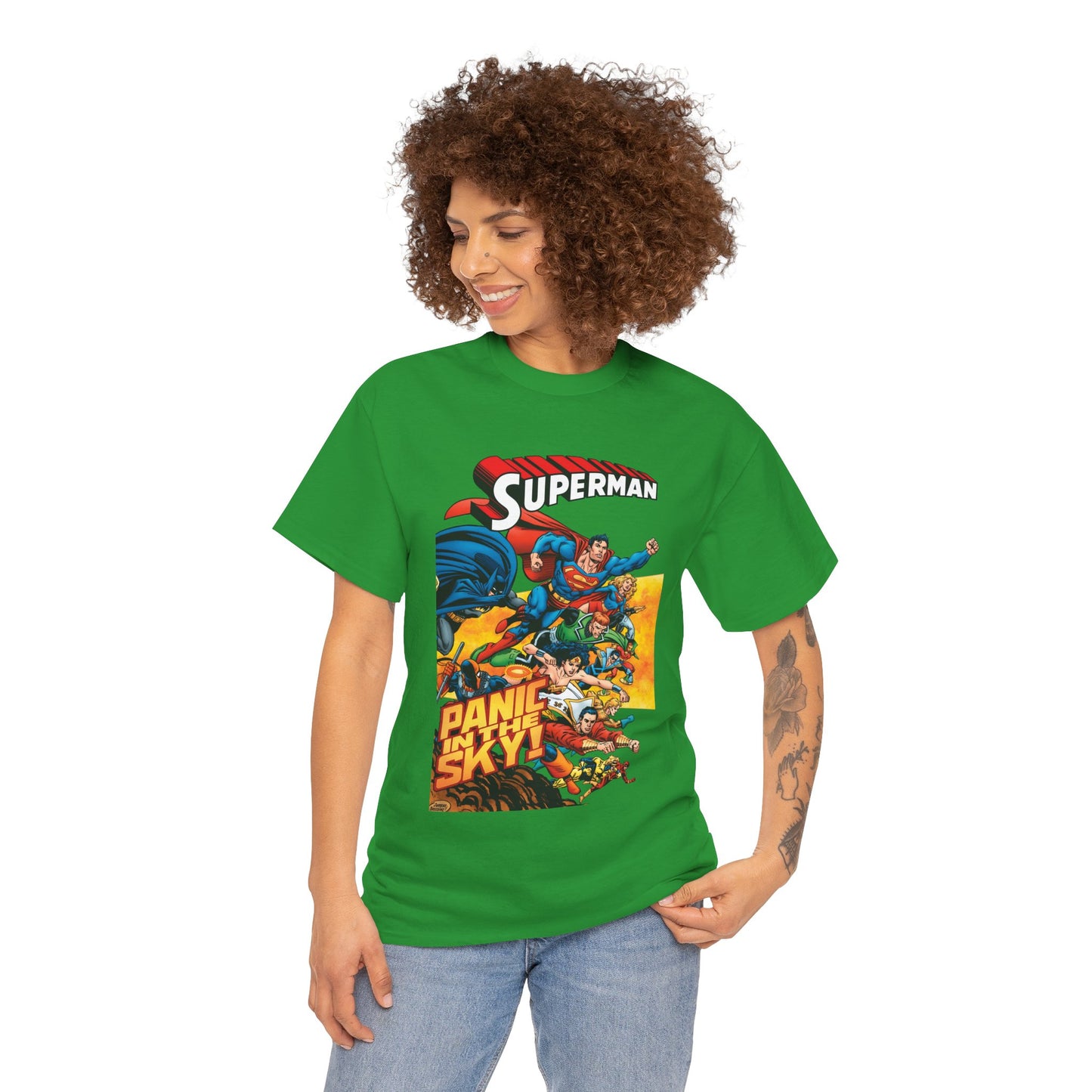 Superman - Panic in the Sky T-Shirt - Dan Jurgens Art - Vs Brainiac & Maxima - Wonder Woman, Booster Gold, Shazam, Batman, Flash, Aquaman, Supergirl - DC Comics
