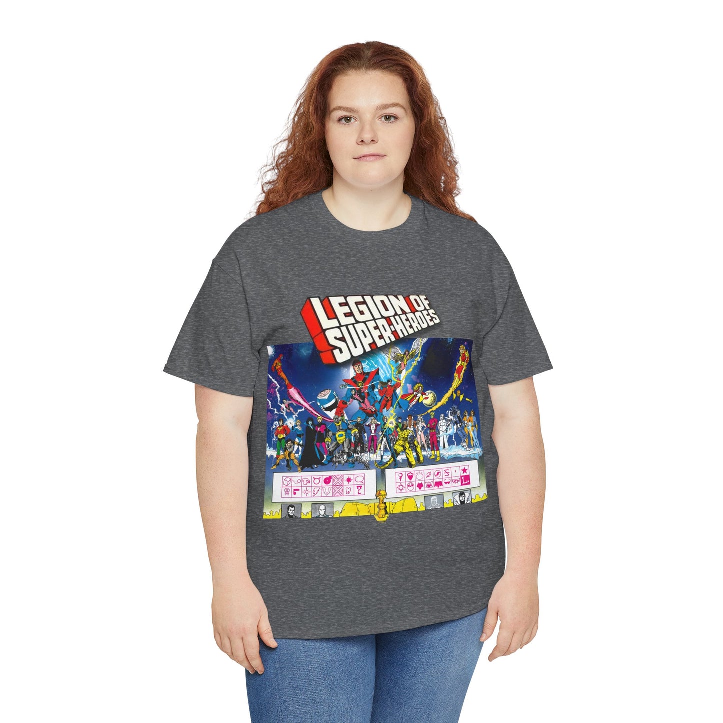 Legion of Super-Heroes T-Shirt - Gorgeous George Perez Art - History of the DC Universe - Lightning Lad, Timber Wolf, Wildfire, Sun Boy, Chamelon Boy - DC Comics