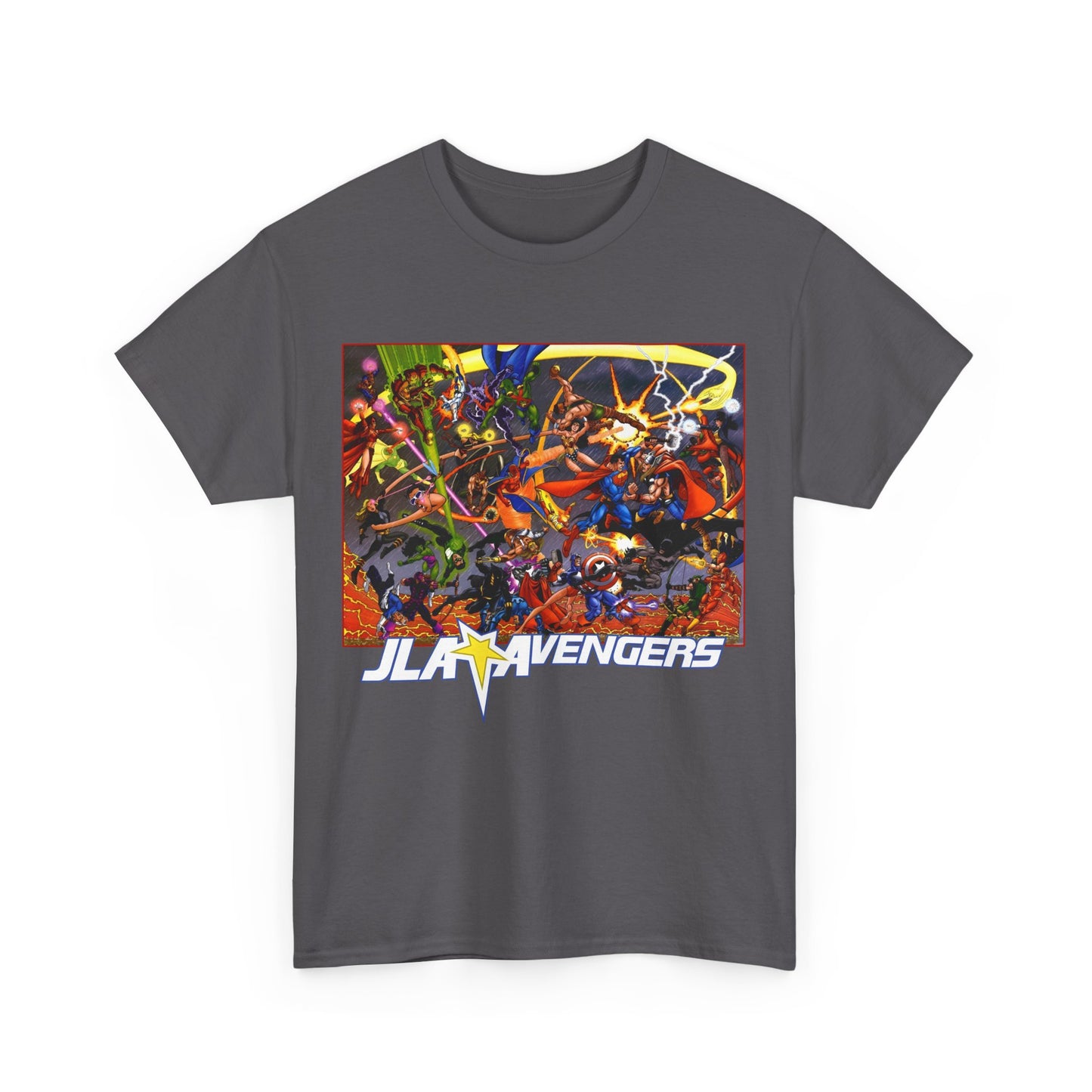 Avengers Vs JLA T-Shirt - Stunning George Perez Art - Marvel & DC Comics Crossover - Thor, Superman, Wonder Woman, Hercules, Iron Man, Batman, Black Canary, Scarlet Witch, Wonder Man, Martian Manhunter