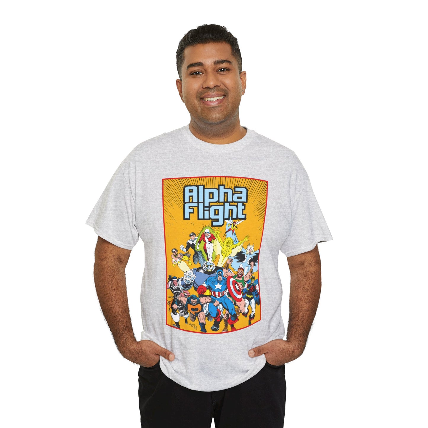 Alpha Flight T-Shirt - Mike Mignola Art - Northstar, Aurora, Snowbird, Shaman, Puck - Avengers: Captain America, Captain Marvel, Hercules, Black Knight - Marvel Comics