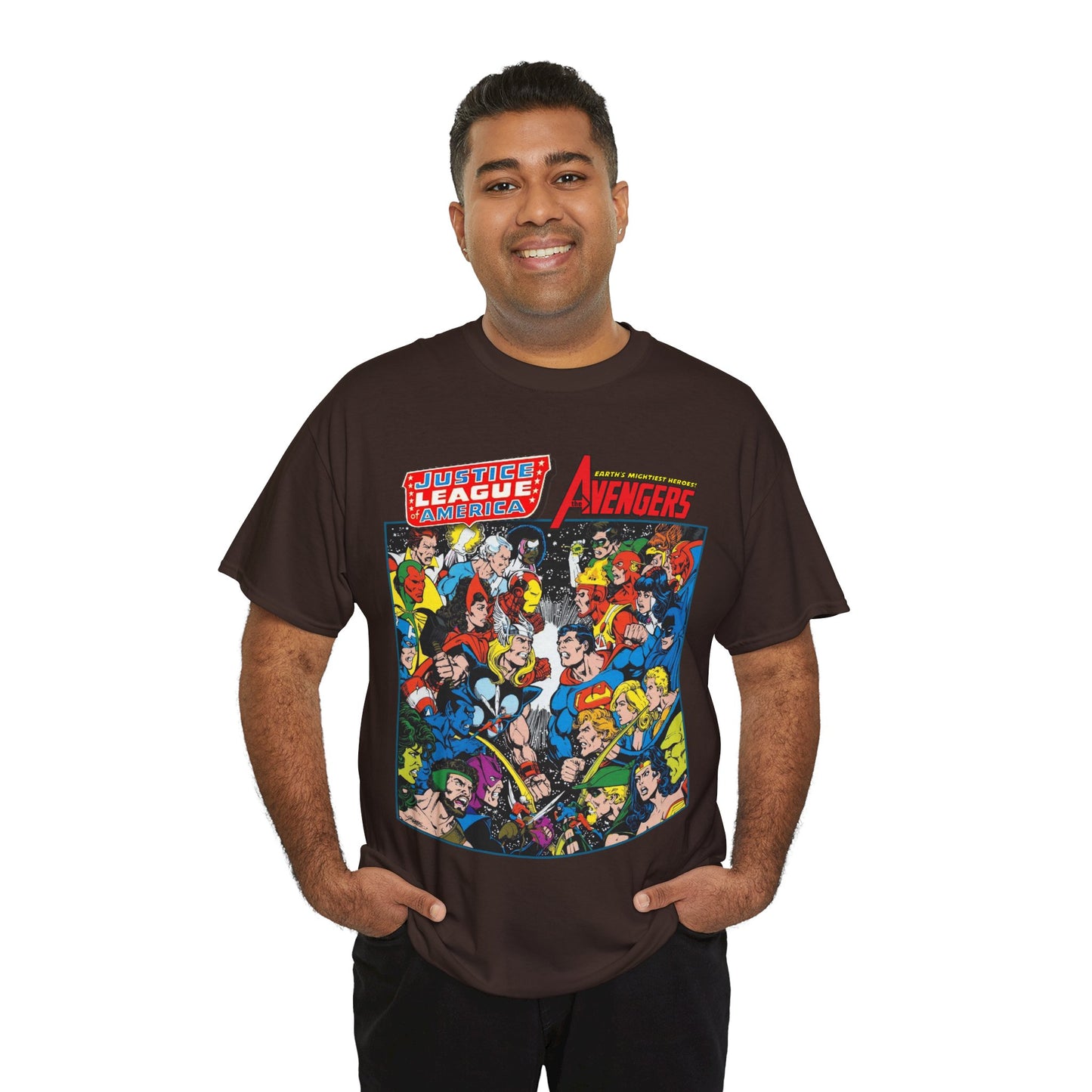 Justice League/Avengers T-Shirt - DC & Marvel Comics Art - George Perez - JLA - Batman, Captain America, Iron Man, Green Lantern