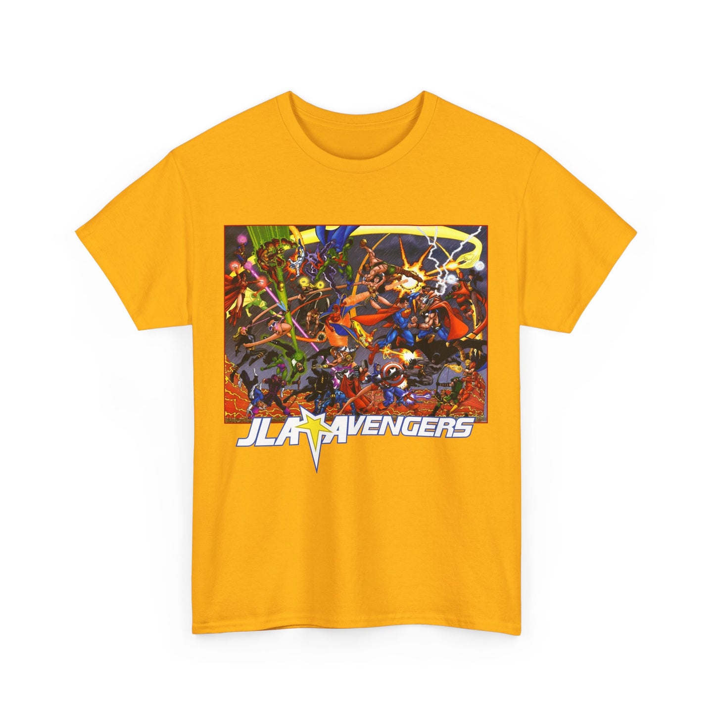 Avengers Vs JLA T-Shirt - Stunning George Perez Art - Marvel & DC Comics Crossover - Thor, Superman, Wonder Woman, Hercules, Iron Man, Batman, Black Canary, Scarlet Witch, Wonder Man, Martian Manhunter