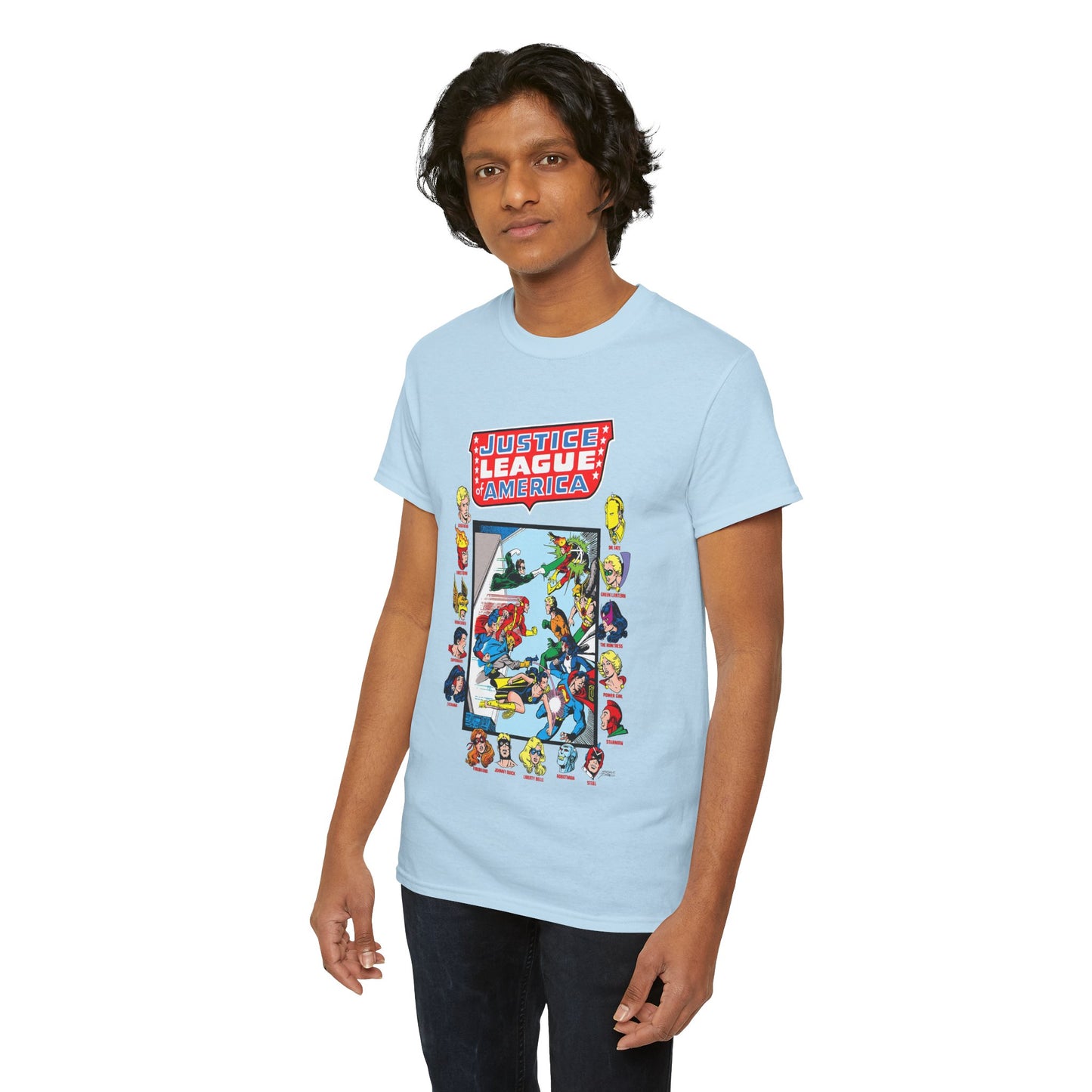 JLA & JSA T-Shirt - George Perez Art - All-Star Squadron - Firestorm, Huntress, Starman, Zatanna, Liberty Belle, Superman, Robotman, Firebrand, Dr Fate - DC Comics