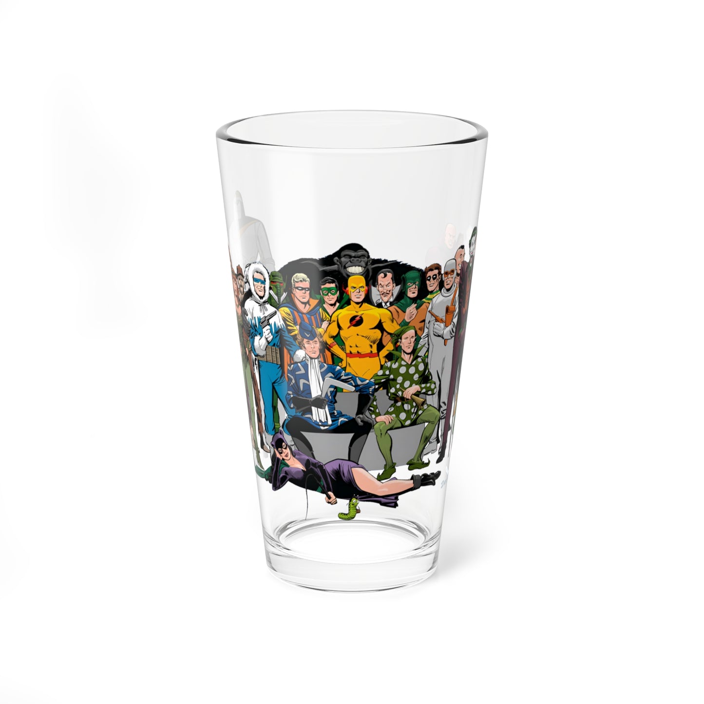 Secret Origins of Super-Villains Pint Glass, 16oz - DC Comics - Catwoman, Grodd, Lex Luthor, Joker, Mr Mxyzptlk, Mirror Master, Poison Ivy - Dick Giordano Art