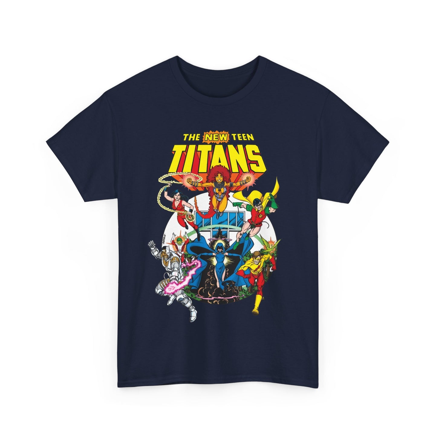 New Teen Titans T-Shirt - Classic George Perez Art - Cyborg, Raven, Starfire, Robin, Wonder Girl, Changeling, Kid Flash - Titans Tower - Popular DC Comics 1980s Series