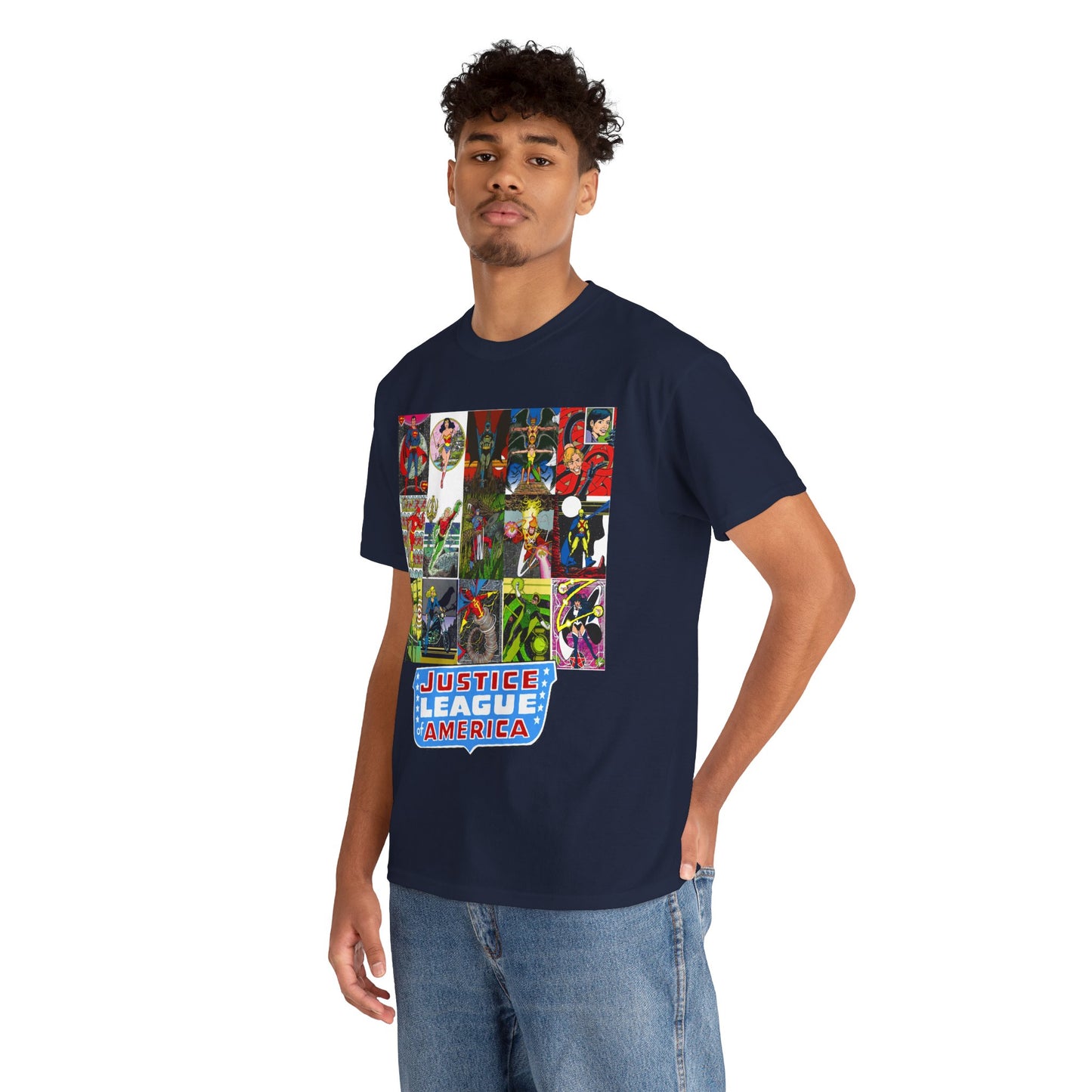 JLA Postcard T-Shirt - George Perez Art - Zatanna, Green Lantern, Flash, Batman, Hawkman, Wonder Woman, Firestorm - Justice League of America - DC Comics