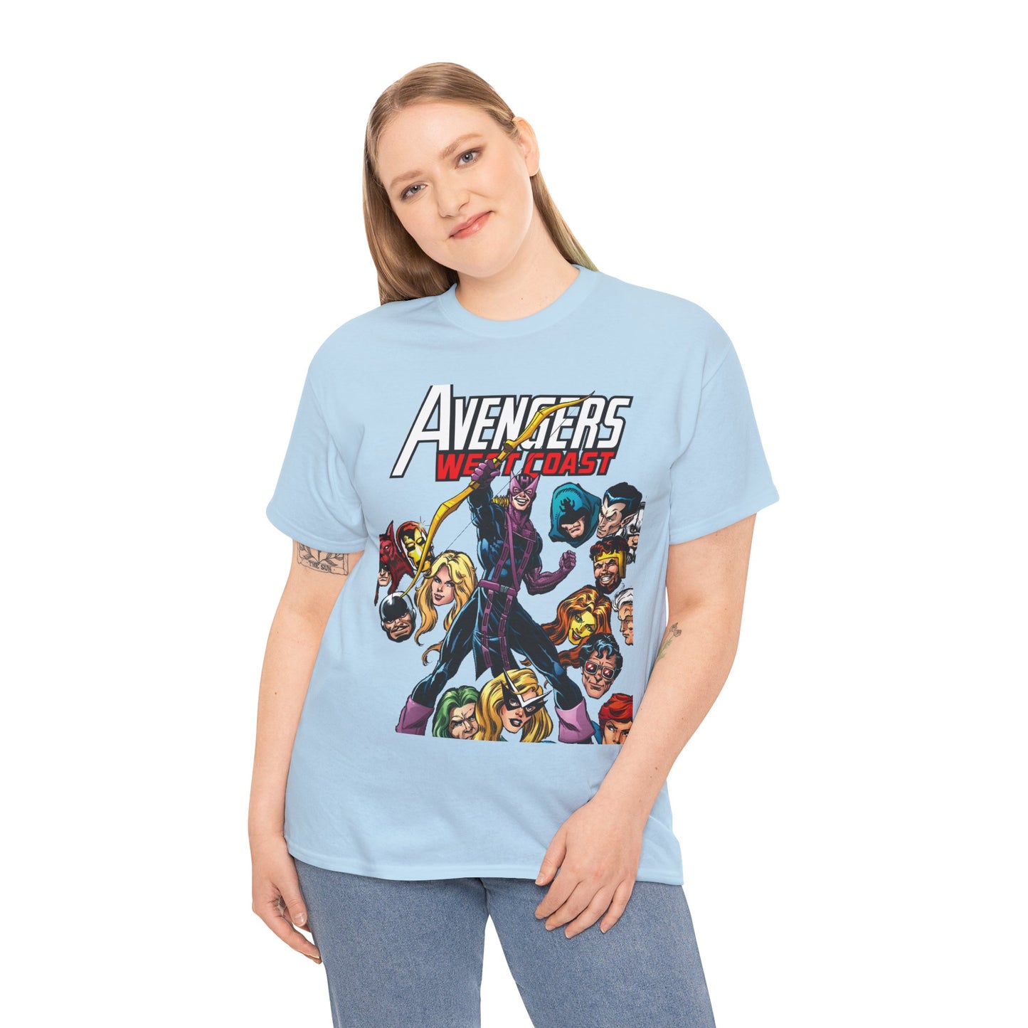 Avengers West Coast T-Shirt - Bob Hall Art - Hawkeye, Iron Man, Wonder Man, Tigra, Mockingbird - Marvel Comics Team