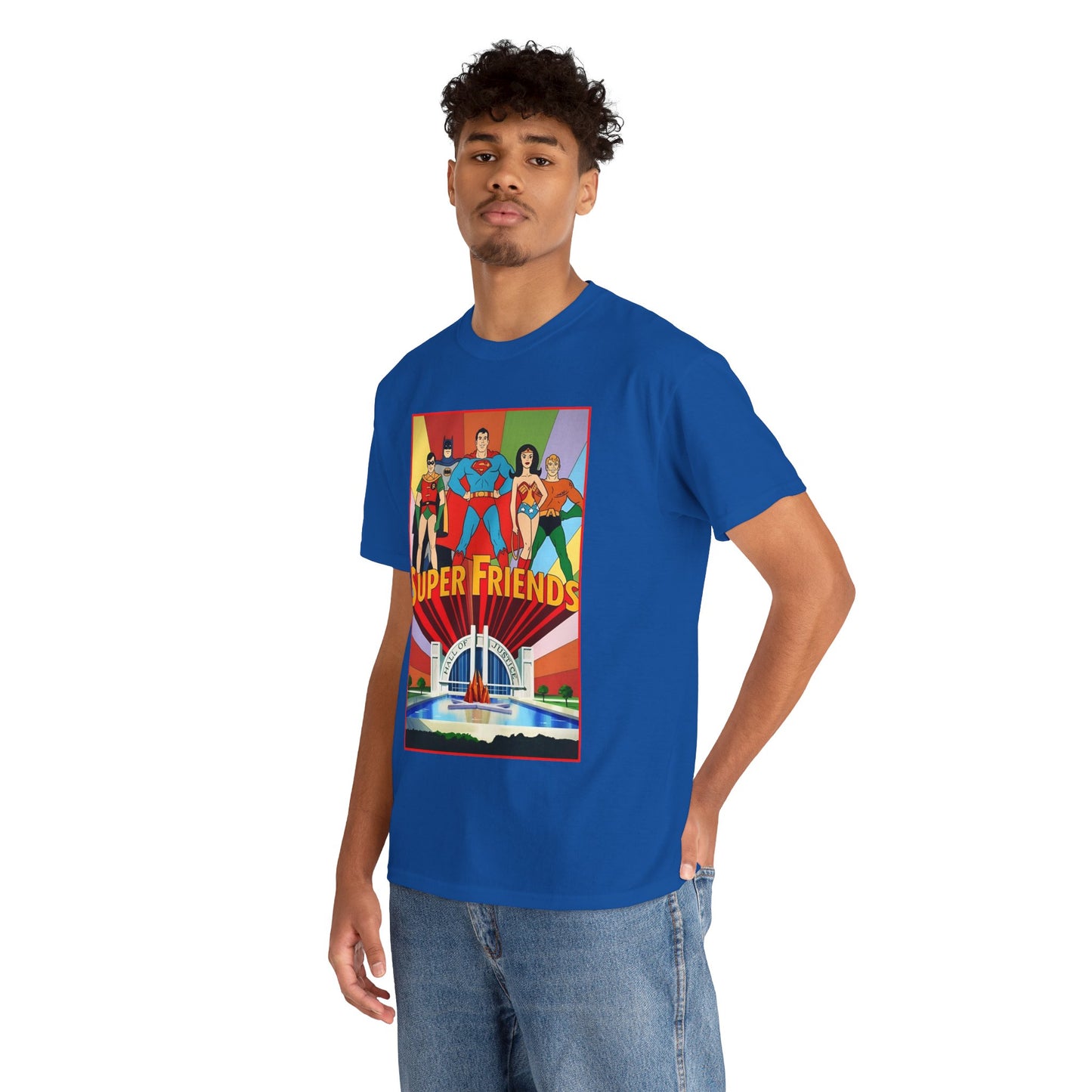 Super Friends T-Shirt - Batman, Superman, Wonder Woman, Robin - Hanna-Barbera Cartoon - DC Comics - Hall of Justice