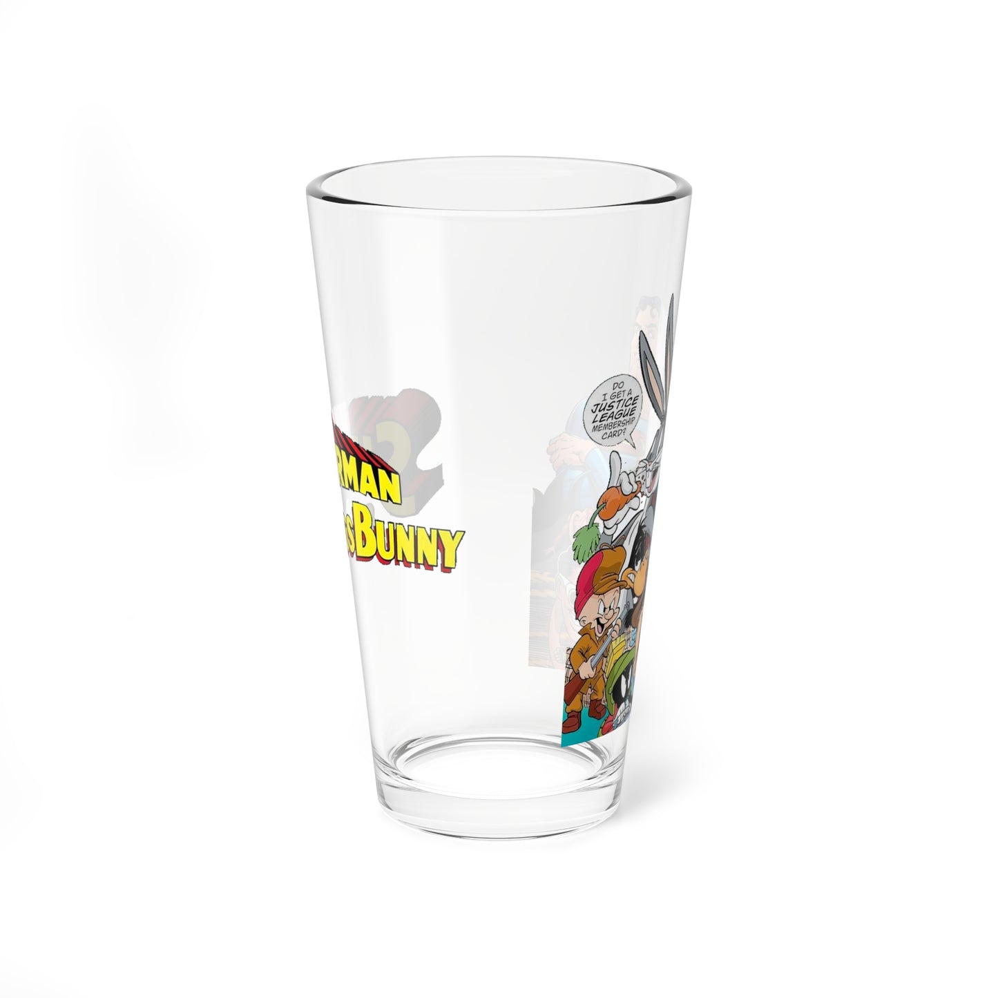 Superman & Bugs Bunny Pint Glass, 16oz - DC Comics & Looney Tunes Crossover - 1990s Mini Series Cover Art - What's Up, Doc?