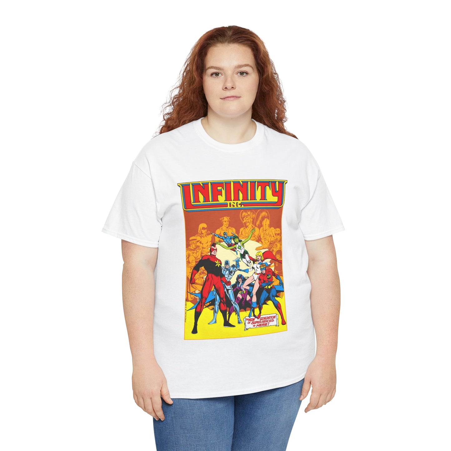 Infinity, Inc T-Shirt - Jerry Ordway Art - Silver Scarab, Huntress, Power Girl, Star-Spangled Kid, Fury, Jade - DC Comics - 1980s JSA Spin-Off Series