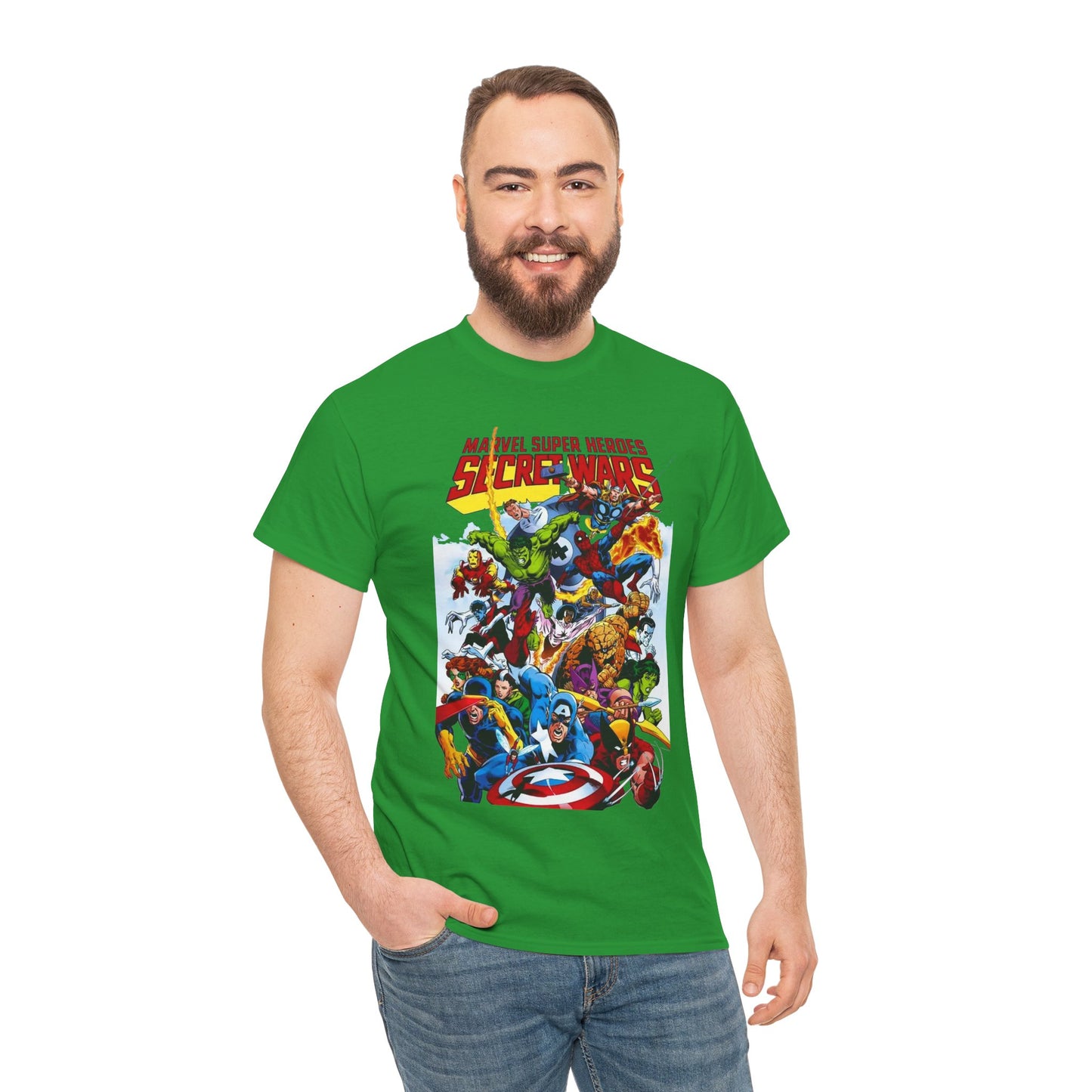Secret Wars T-Shirt - Spider-man, Wolverine, Iron Man, Captain America, Cyclops, Rogue, Hulk, Mr Fantastic, The Thing - Classic Marvel Comics 1980s Series - The Beyonder