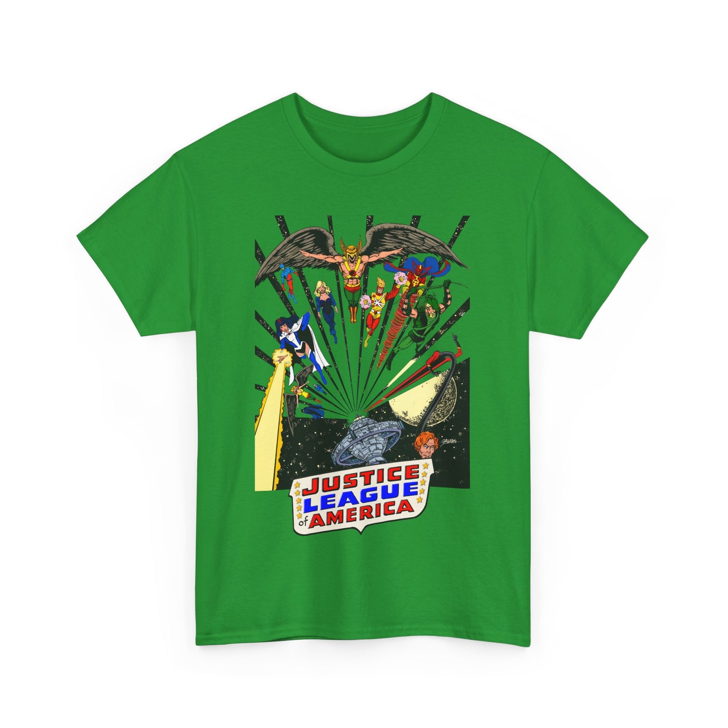 Justice League of America T-Shirt - George Perez Art - Bronze Age Satellite Era - DC Comics - Hawkman, Zatanna, Atom, Firestorm, Elongated Man, Green Arrow