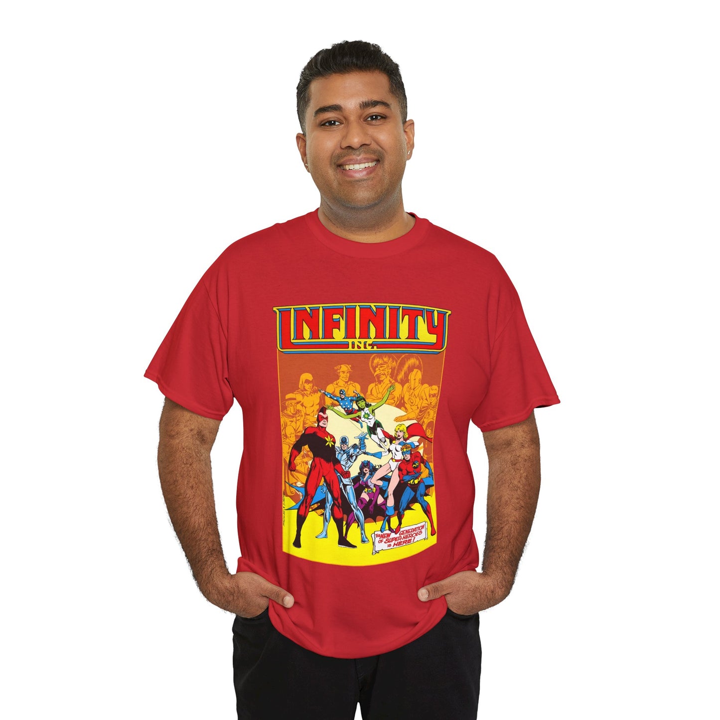 Infinity, Inc T-Shirt - Jerry Ordway Art - Silver Scarab, Huntress, Power Girl, Star-Spangled Kid, Fury, Jade - DC Comics - 1980s JSA Spin-Off Series