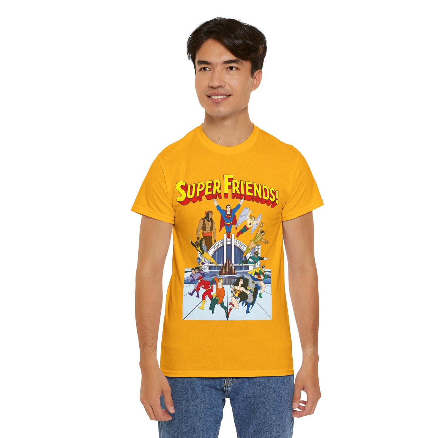 Super Friends T-Shirt - DC Hanna-Barbera - Superman, Wonder Woman, Black Vulcan, Batman, The Wonder Twins, Apache Chief, Hall of Justice