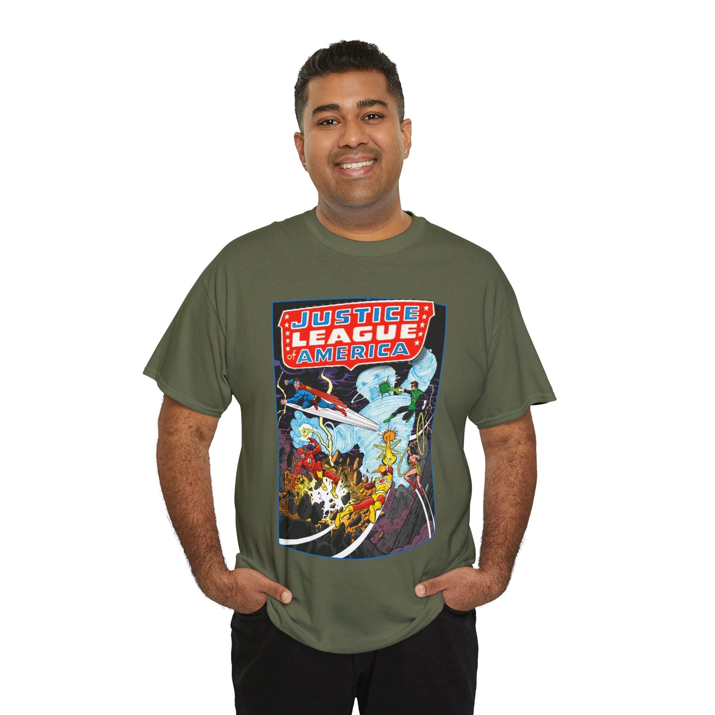 Justice League T-Shirt - George Perez Art - Tornado Tyrant - Superman, Firestorm, Flash, Wonder Woman, Green Lantern - DC Comics
