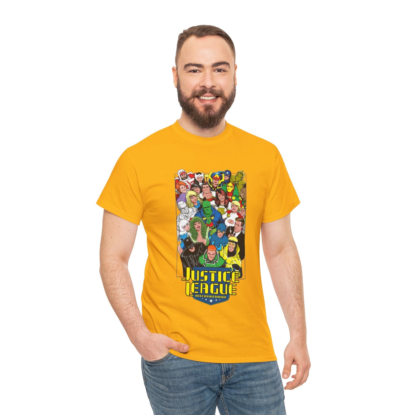 Justice League International T-Shirt - DC Comics - JLI - Kevin Maguire Art - Blue Beetle, Booster Gold, Martian Manhunter, Captain Atom