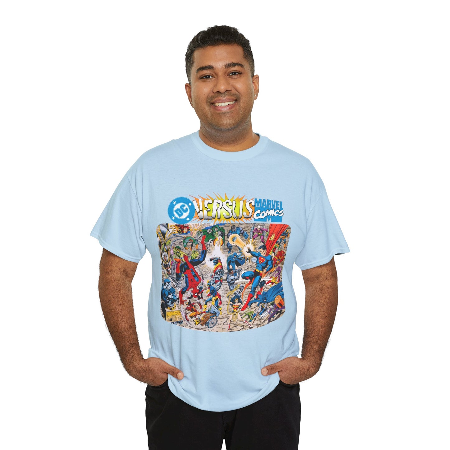 DC Comics Vs Marvel T-Shirt - John Byrne Art - Spider-Man, Raven, Cyborg, Wolverine, Joker, Superman, Batman, Deathstroke, Darkseid