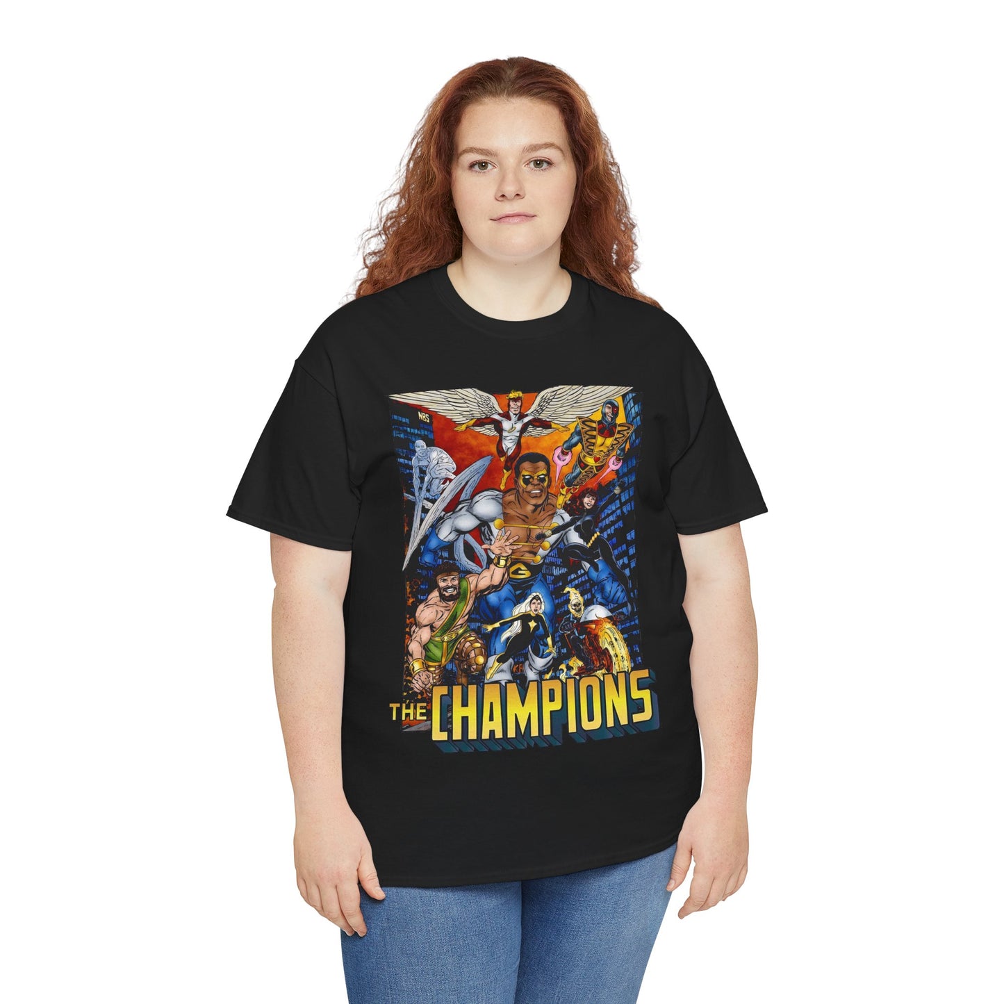 Champions T-Shirt - John Byrne Art - Hercules, Black Widow, Ghost Rider, Black Goliath, Silver Surfer, Jack of Hearts - Marvel Comics 1970s Series