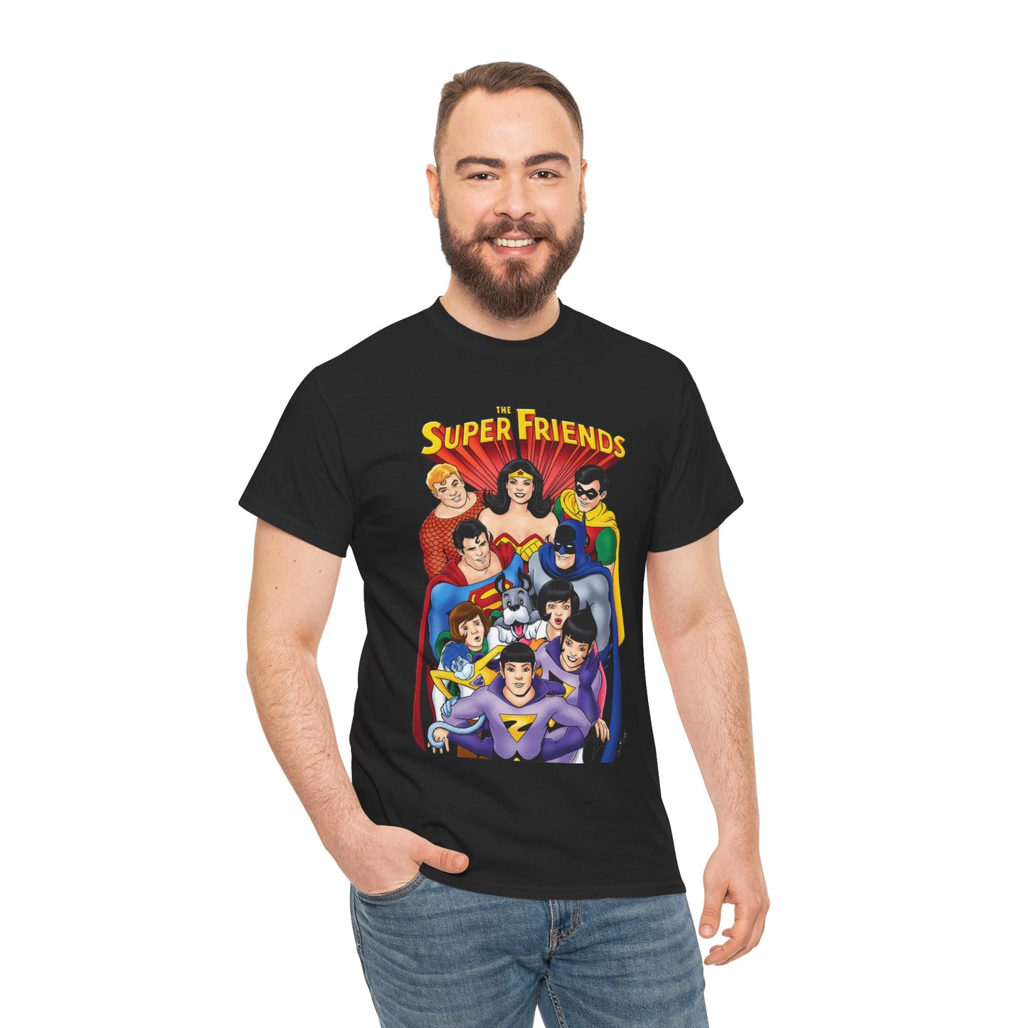 Super Friends T-Shirt - Kevin Maguire Art - Wonder Twins, Gleek, Superman, Wonder Woman Batman - DC Comics - Based on 1970s Hanna-Barbera Cartoon