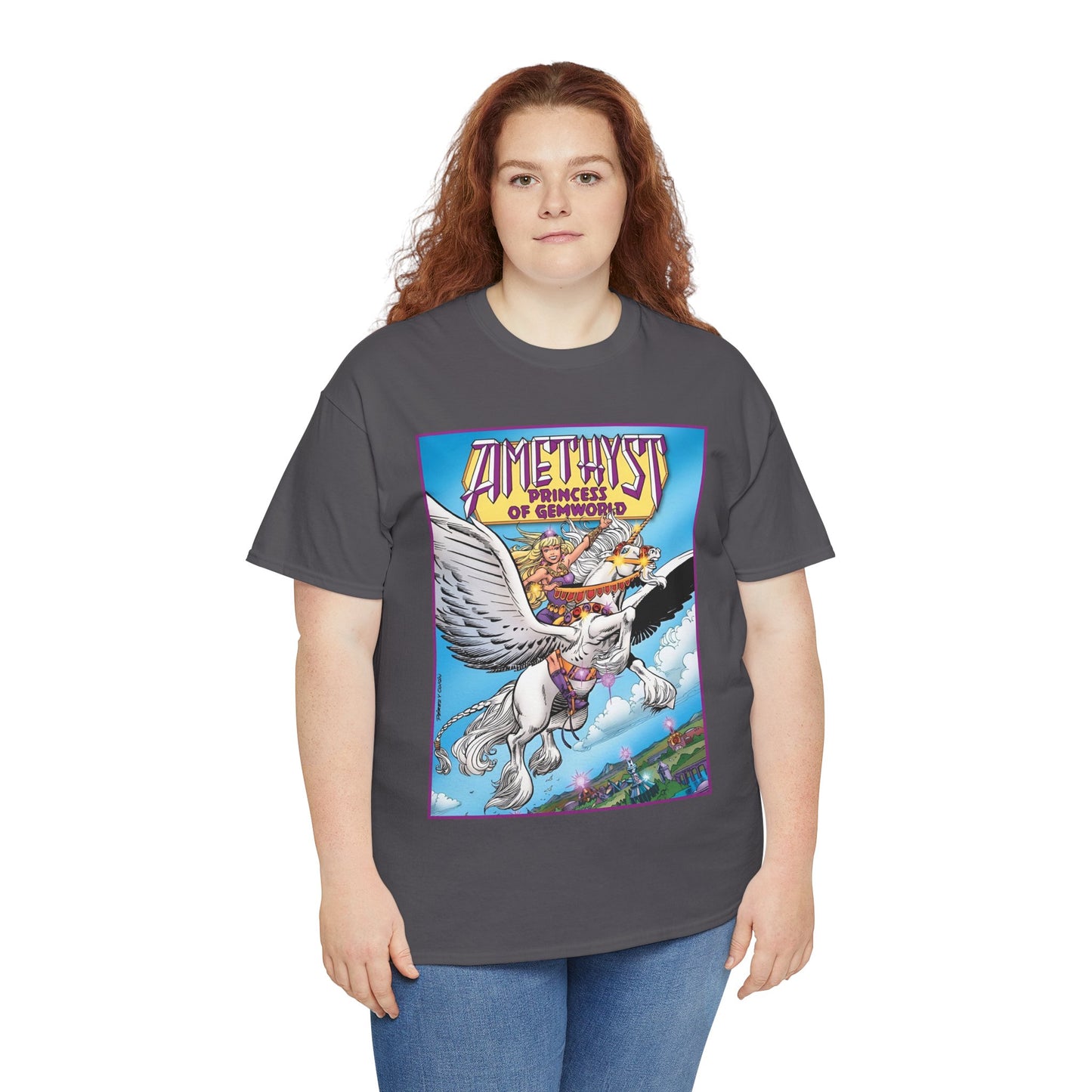 Amethyst Princess of Gemworld T-Shirt - George Perez Art - DC Comics 1980s Series - Riding a Unicorn