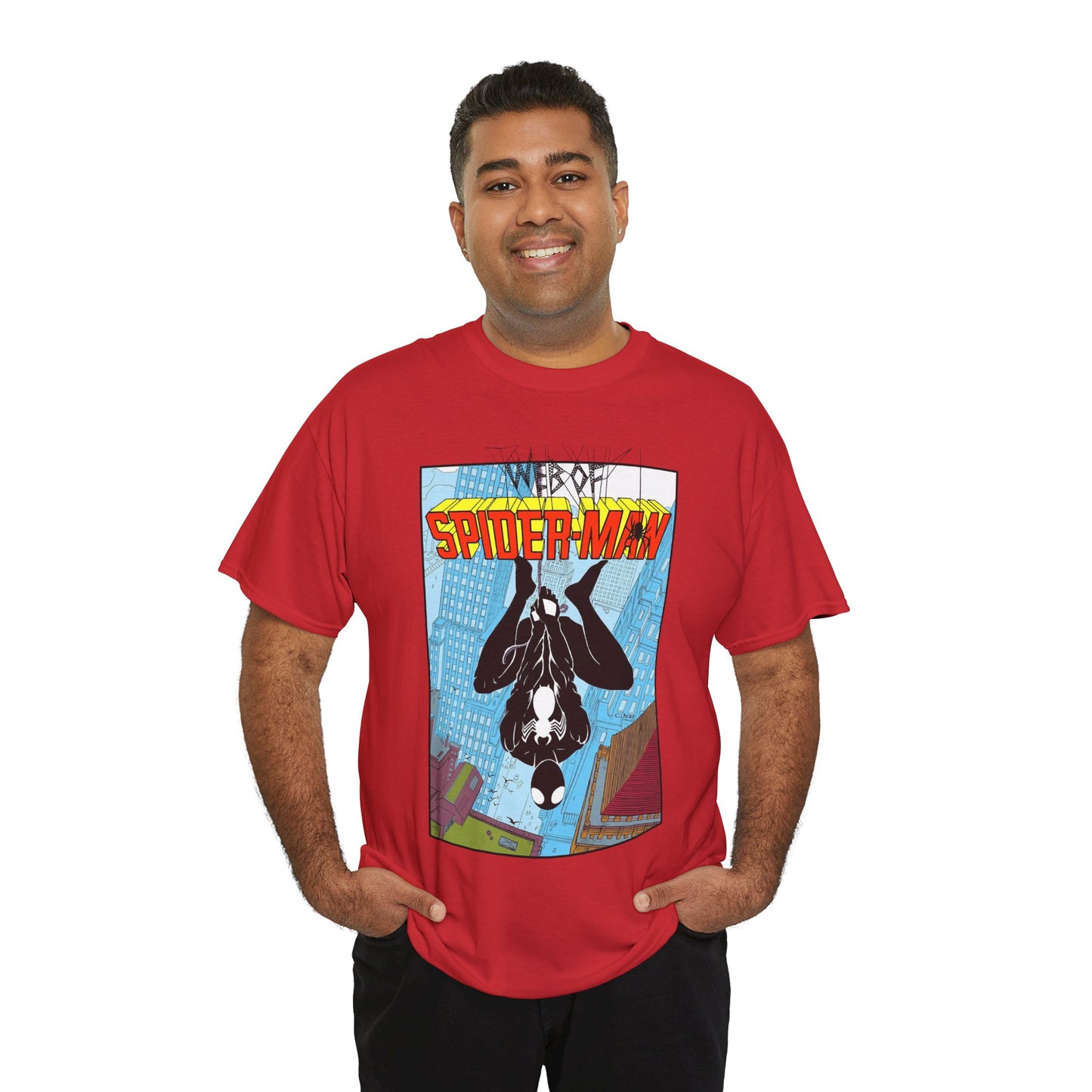 Web of Spider-Man T-Shirt - Charles Vess Art - Peter Parker, Web Slinger - Manhattan Skyline - Spidey Black Suit - Marvel Comics