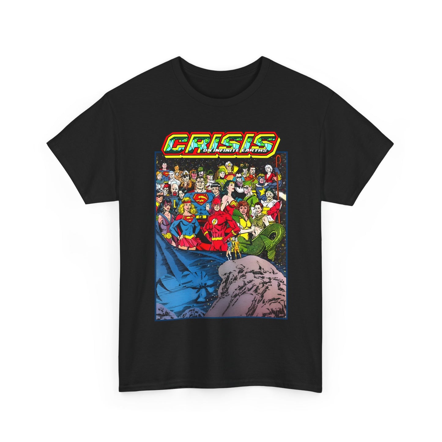 Crisis on Infinite Earths T-Shirt - George Perez Art - Supergirl, Flash, Huntress, Starman, Earth 3 Luthor, Lori Lemaris, Aquagirl, Earth 2 Robin - DC Comics