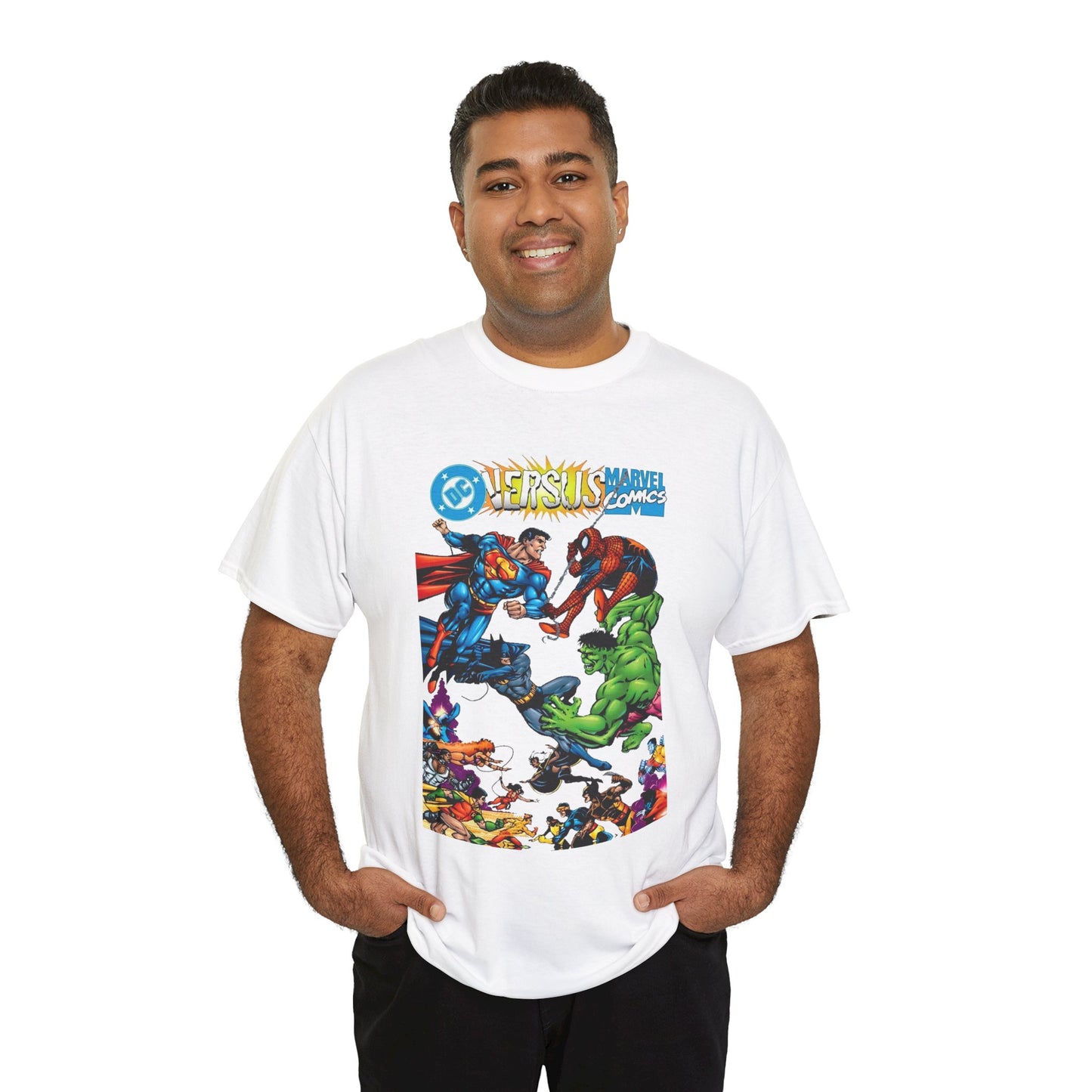 DC Comics Vs Marvel Comics T-Shirt - George Perez Art - Superman, Hulk, Batman, Spider-man, X-Men, New Teen Titans