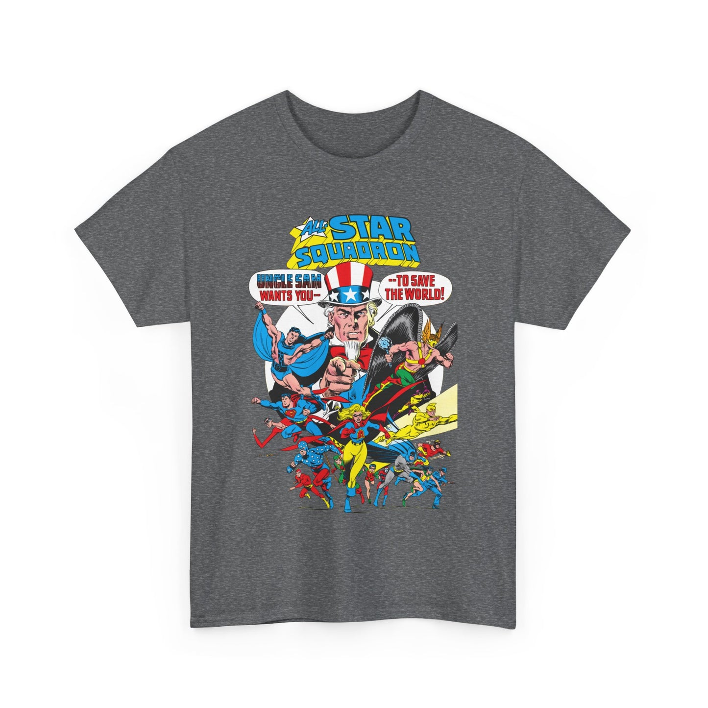 All-Star Squadron T-Shirt - Jerry Ordway Art - Uncle Sam, Hawkman, Superman, Liberty Belle, Black Condor, the Ray, Batman, Plastic Man - JSA Link - DC Comics