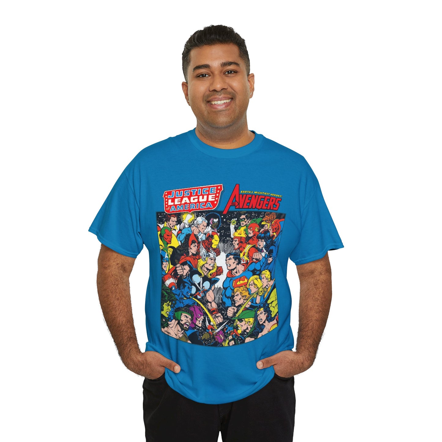 Justice League/Avengers T-Shirt - DC & Marvel Comics Art - George Perez - JLA - Batman, Captain America, Iron Man, Green Lantern