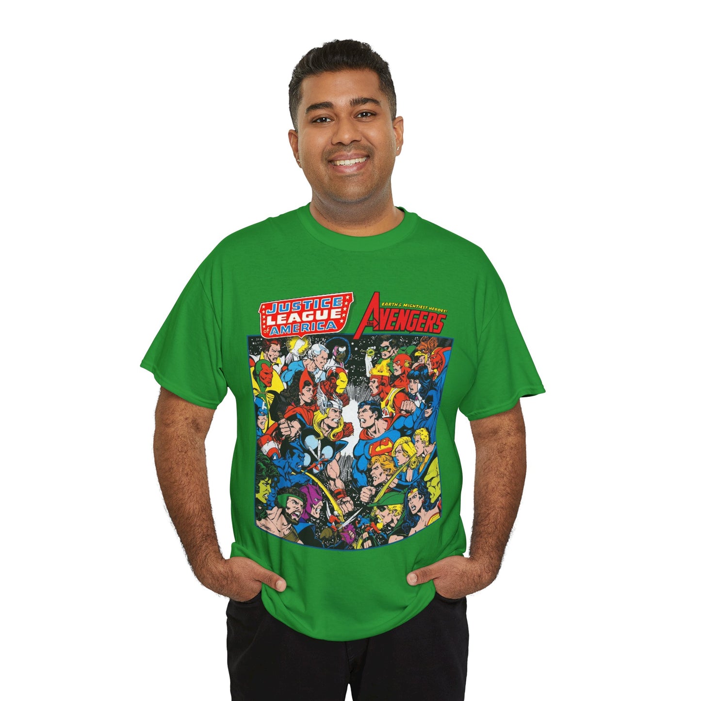 Justice League/Avengers T-Shirt - DC & Marvel Comics Art - George Perez - JLA - Batman, Captain America, Iron Man, Green Lantern