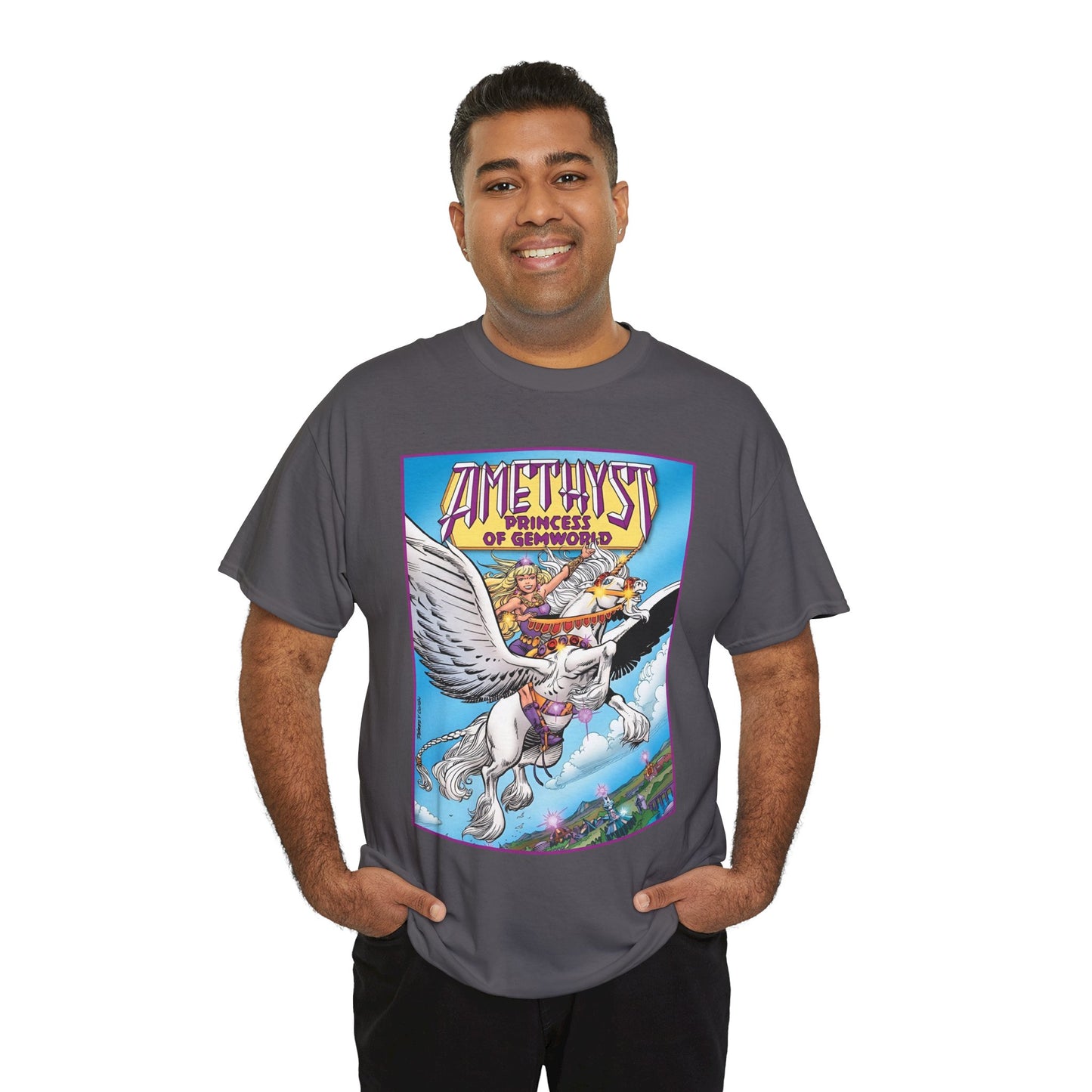 Amethyst Princess of Gemworld T-Shirt - George Perez Art - DC Comics 1980s Series - Riding a Unicorn