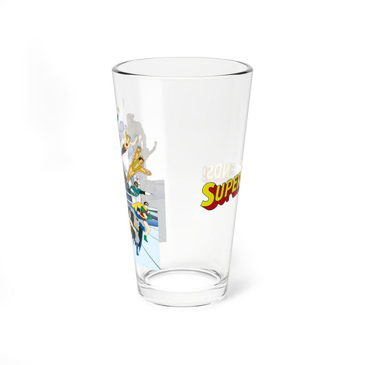 Challenge of the Super Friends Pint Glass, 16oz - Superman, Wonder Woman, Samurai, Apache Chief, Flash, Black Vulcan, Green Lantern - DC Comics, Hanna-Barbera Cartoon